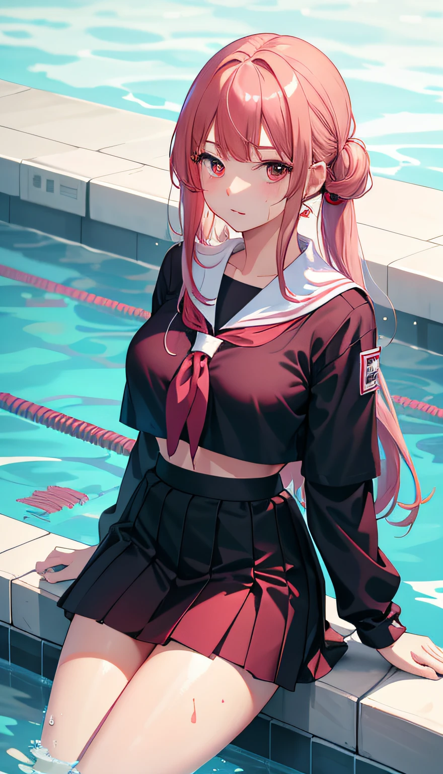 1个Giant Breast Girl,Look away slightly,Be red in the face,is shy,Mouth closed,Mouth bites the head rope,Swim in the pool,Vivid expressions,Japanese high school uniform,Drenched uniform,serafuku,Sheer bra,Pink hair,long whitr hair,Light background