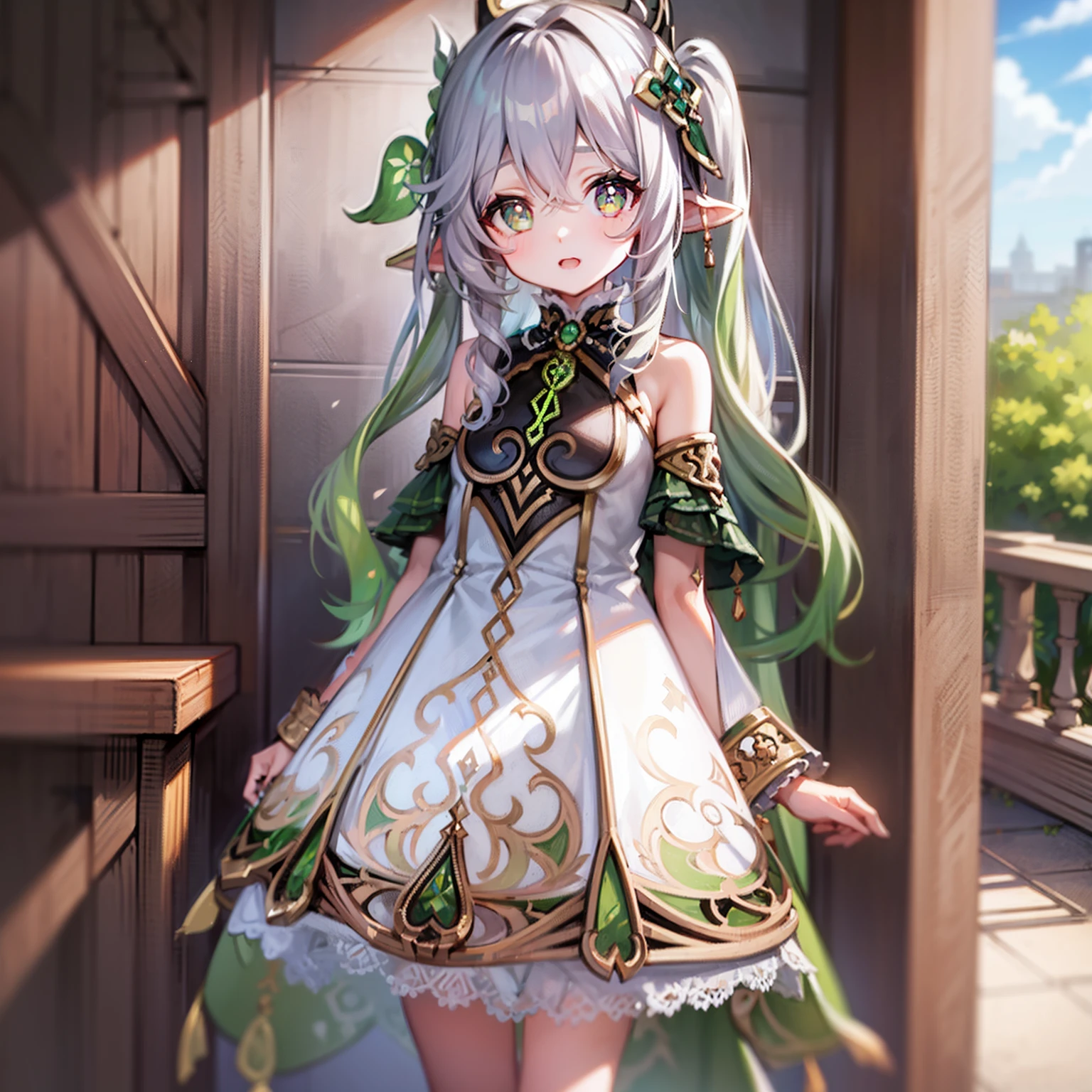 (masterpiece, best quality, detailed), 1girl, solo, looking at viewer, silver hair, side ponytail, green eyes, cross-shaped pupils, pointy ears, hair ornament, flat chest, 
<lora:wrenchelegadome:0.8>, wrenchelegadome, black dress, layered dress, long dress, indoors, casino, chandelier, roulette, skirt lift, smile, open mouth