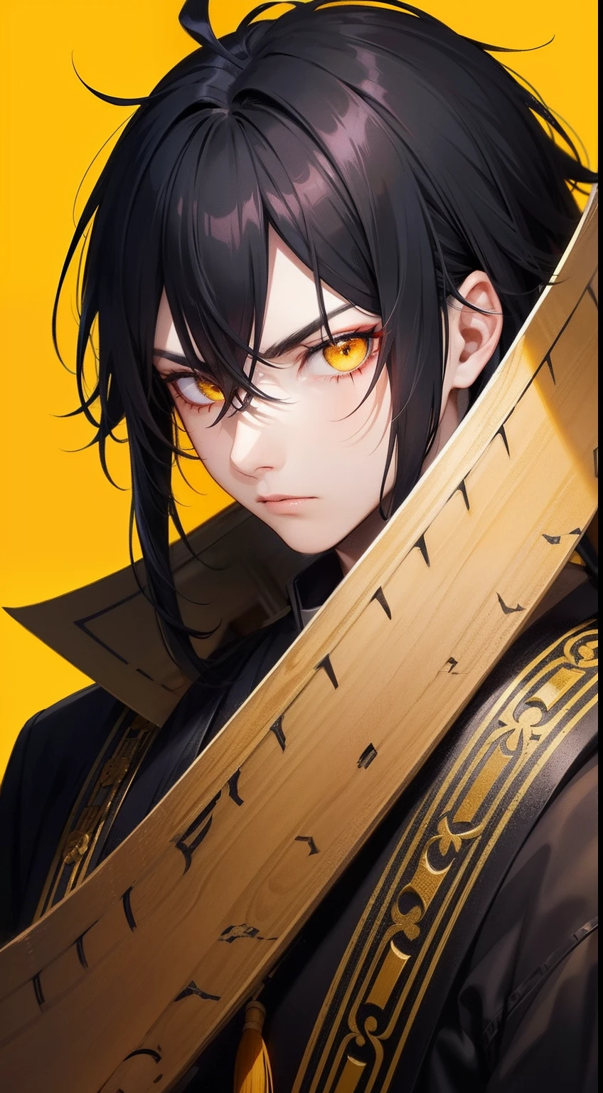 Highest details Young adult Male with pure messy black hair, yellow eyes, wearing traditional kinono, Magic glowing eyes, serious look, gang meber, sharp eyes, tired, sick