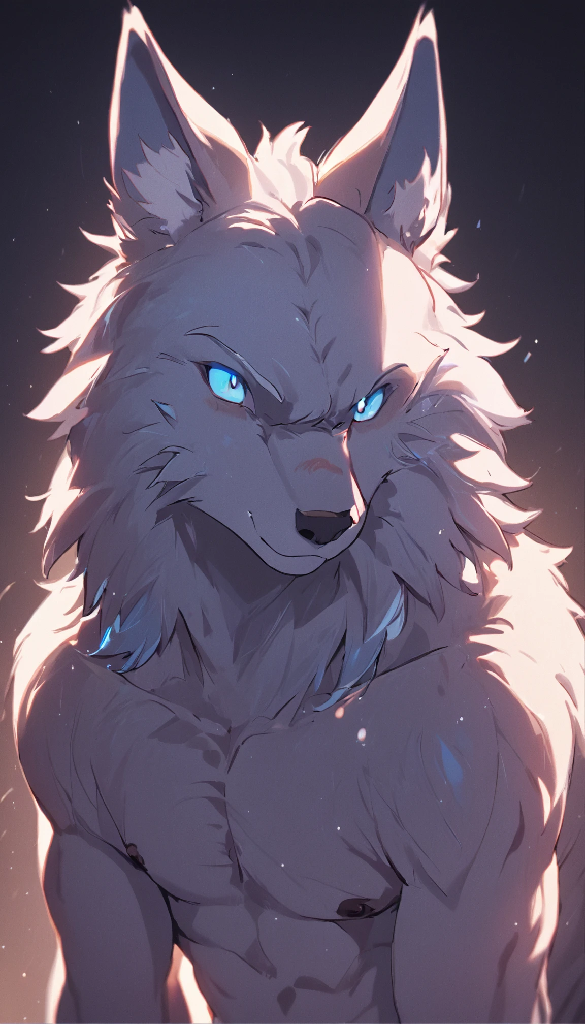 4K, high resolution, Best quality, Masterpiece, perfect colors, perfectly shaded, Perfect lighting, posted on e621, (by Chunie), Furry, anthro, Furry art, ((Portrait)), Male wolf, gray wolf, (two-toned fur), hairy bodies, Blue eyes, (Seductive look:1.2), fit body, perfect male figure, Wear men's shorts,Abs，musculature,Detailed fur, Detailed face, Perfect face, (The stands up), Detailed background, ((Bonifasko lighting)), Wolf tail, (Detailed eyes), perfect pupils