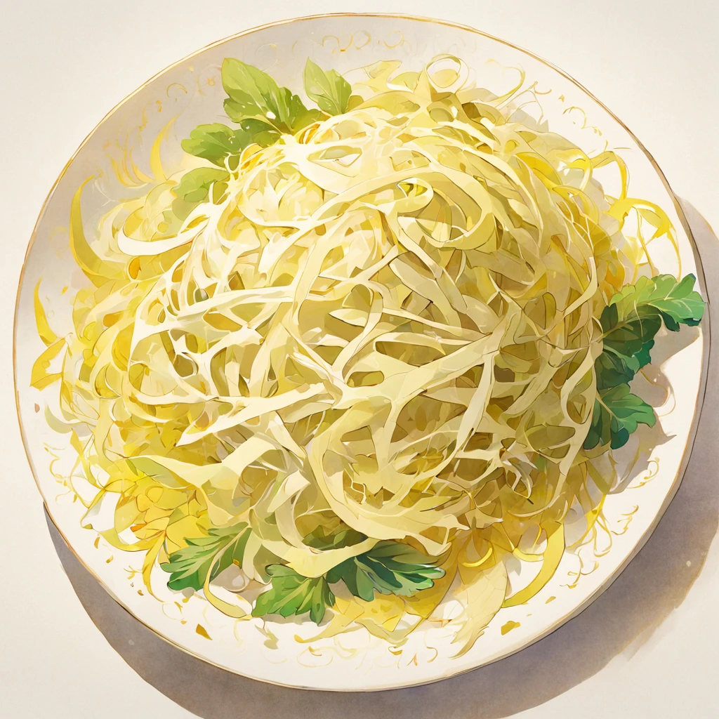 (White background:1.4),(A plate of sauerkraut，Yellow and white，Filaments are piled up in a pile on a plate，vegetable foliage，Complete plate shape，Northeast sauerkraut)，(Chinese illustration:1.3，paper art:1.3, Quilted paper art:1.2),( reasonable design, Clear lines, Appetite is a big deal，The images are created in an imaginative and dreamy style，A fusion of watercolor and pastel techniques，Inspired by the artistic style of Japanese animation director Hiroo Misaki, the resolution is 32K UHD，Suitable for high-quality printing or digital displays，High sharpness,Best quality, Very detailed, Masterpiece, movie light effect, 4K )