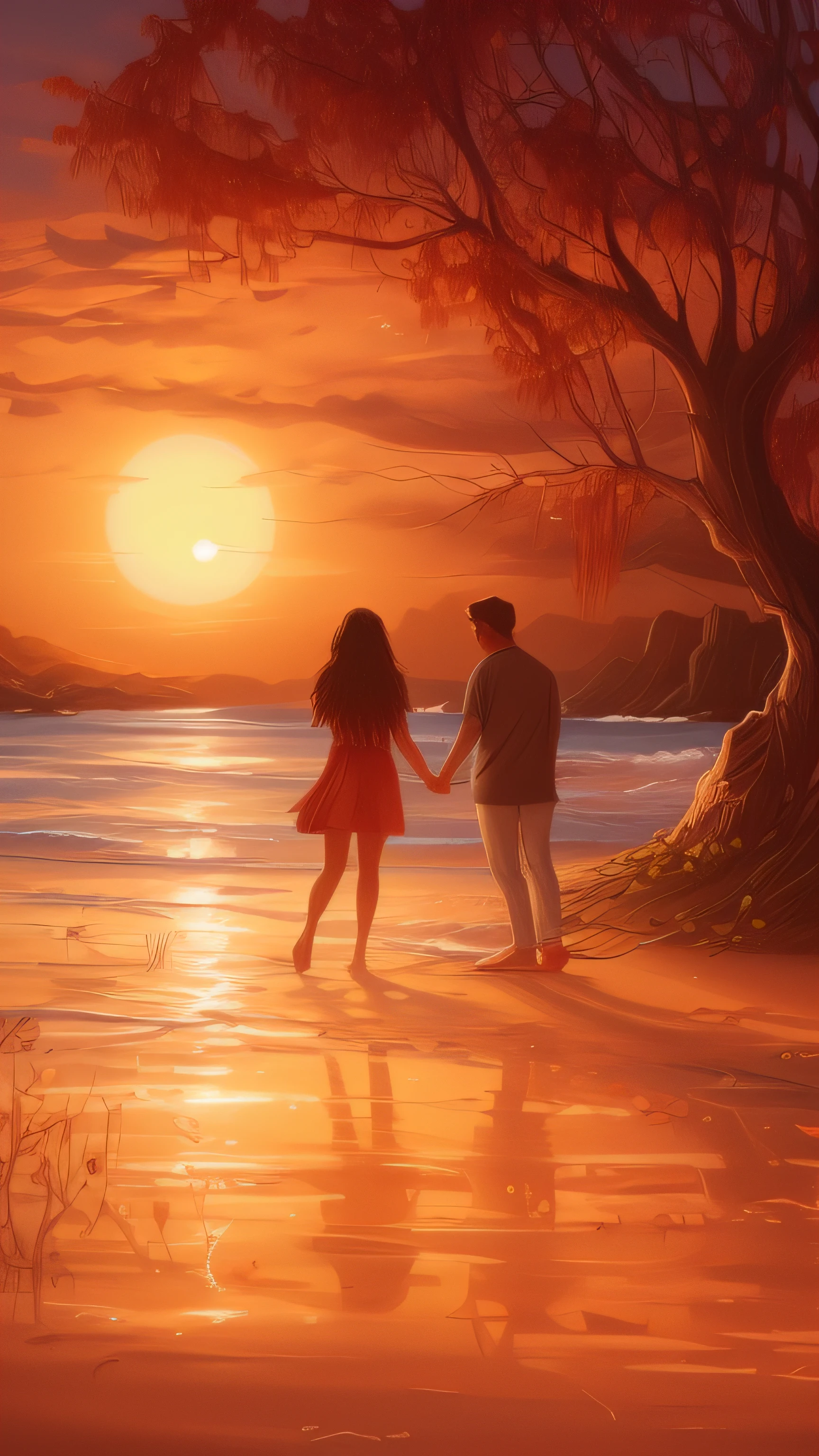 Painting of a couple holding hands walking on a beach at sunset, gorgeous romantic sunset, romantic painting, SUNSET ILLUSTRATION, cena quente e bonita, romantic couple, No estilo de Cyril Rolando, Directed by: Cyril Rolando, Arte Conceitual do Amor, Arte bonita UHD 4K, a beautiful artwork illustration, with a sunset, in the sunset, inspirado em Cyril Rolando