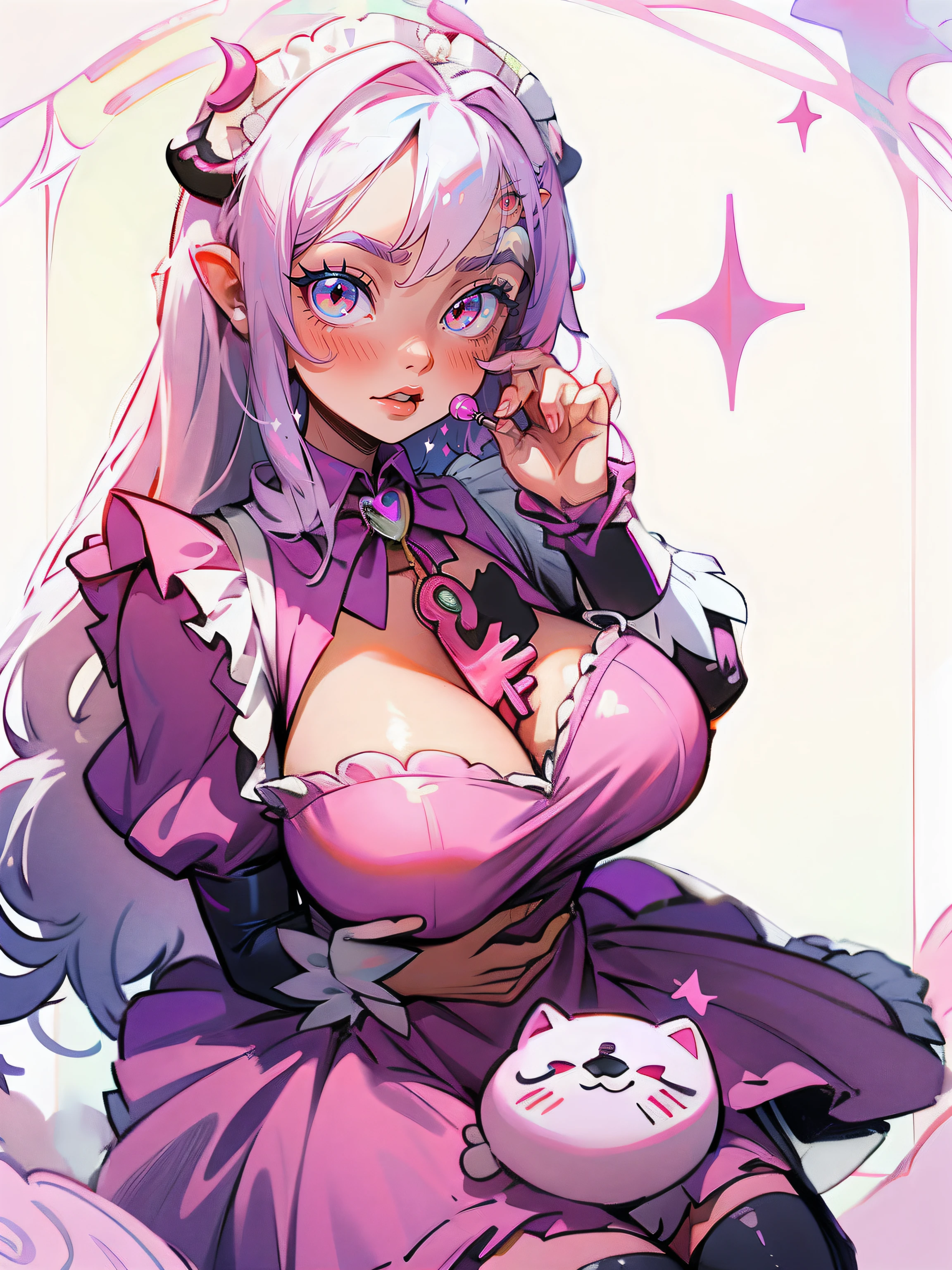 Girl in black and white dress, Pink tail, anime cat girl in a maid costume, style of magical girl, Small two-tone curls, fleshy feeling, sparkling magical girl, portrait of magical girl, anime girl in a maid costume, nyaruko-san, Splash art, Openwork maid costume, lollipop, Detailed key anime art, white hair, long hair,demon horns, demon wings , huge boobs, full body, sexy, lip bite, ahegao, red eyes