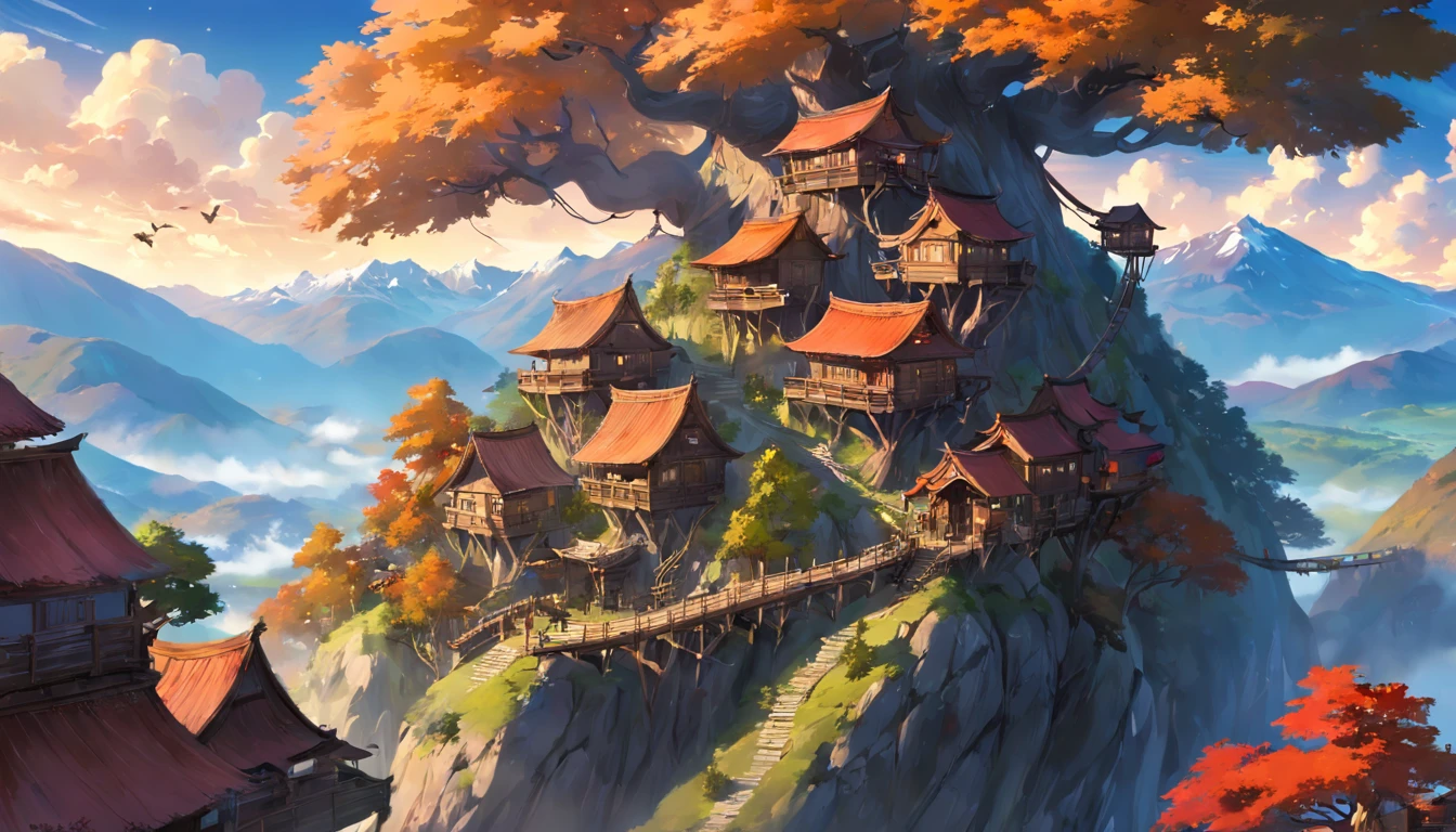 tree house Village in the middle of a valley People and dragons live together, tree house, mountain,valley,village,dragon on the sky,dragon