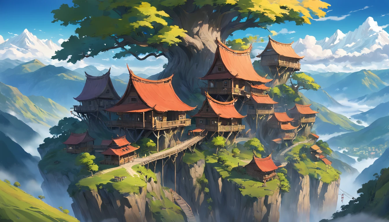 tree house Village in the middle of a valley People and dragons live together, tree house, mountain,valley,village,dragon on the sky,dragon