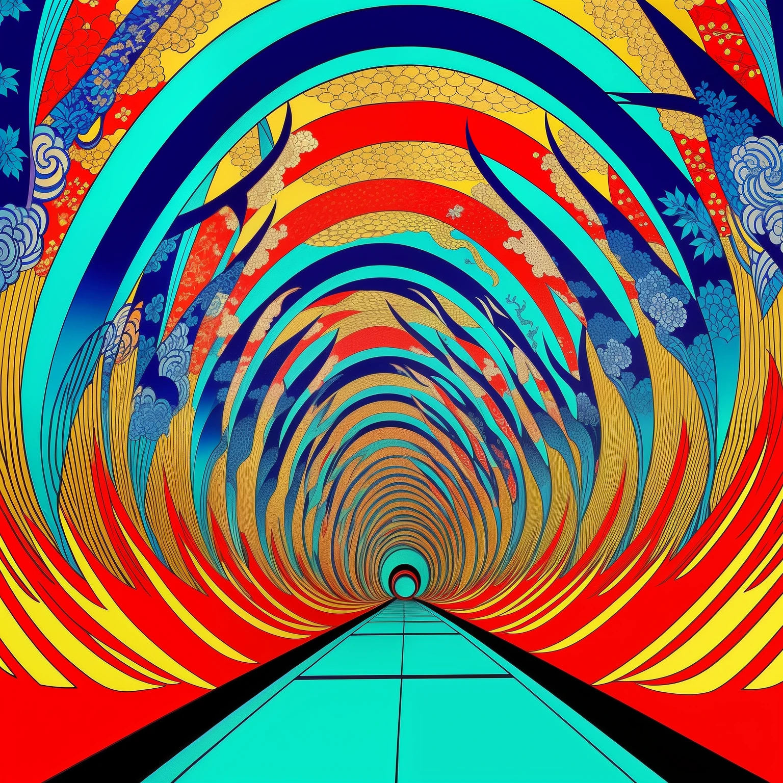 ukiyoe style, psychedelic hallucination, tunnel