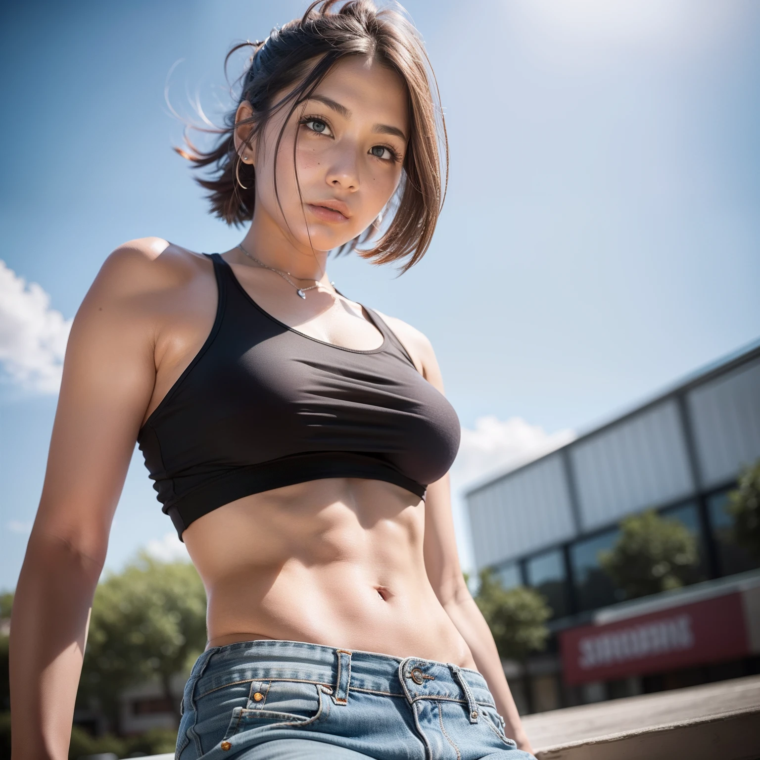 8K, masterpiece, best quality, photorealistic, ultra-detailed, 1 girl, athletic body, realistic skin texture, medium breasts, gaze at viewer, cropped shirt, skinny T-shirt, tank top, underboobs, under boobs, micro mini skirt, hot pants, shorts, movie lighting, face focus, fine eyes, detailed face, well lit face, day light, outdoor cafe in background, low angle shot, view from below
