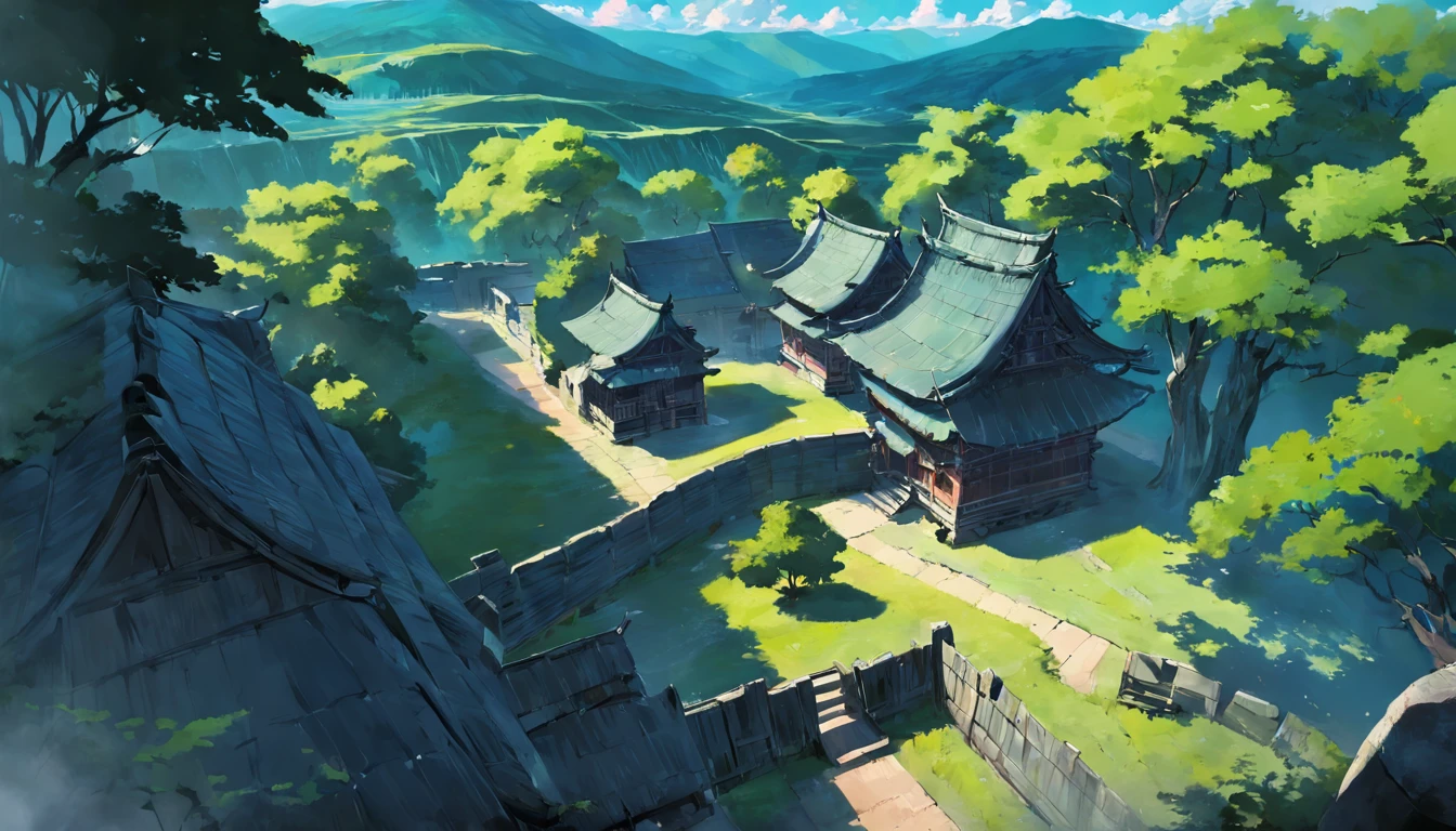 scenery, forest, village, well, sky, clouds, morning, Landscape Ink Painting High Angle Perspective OC Rendered Sculpture 4K