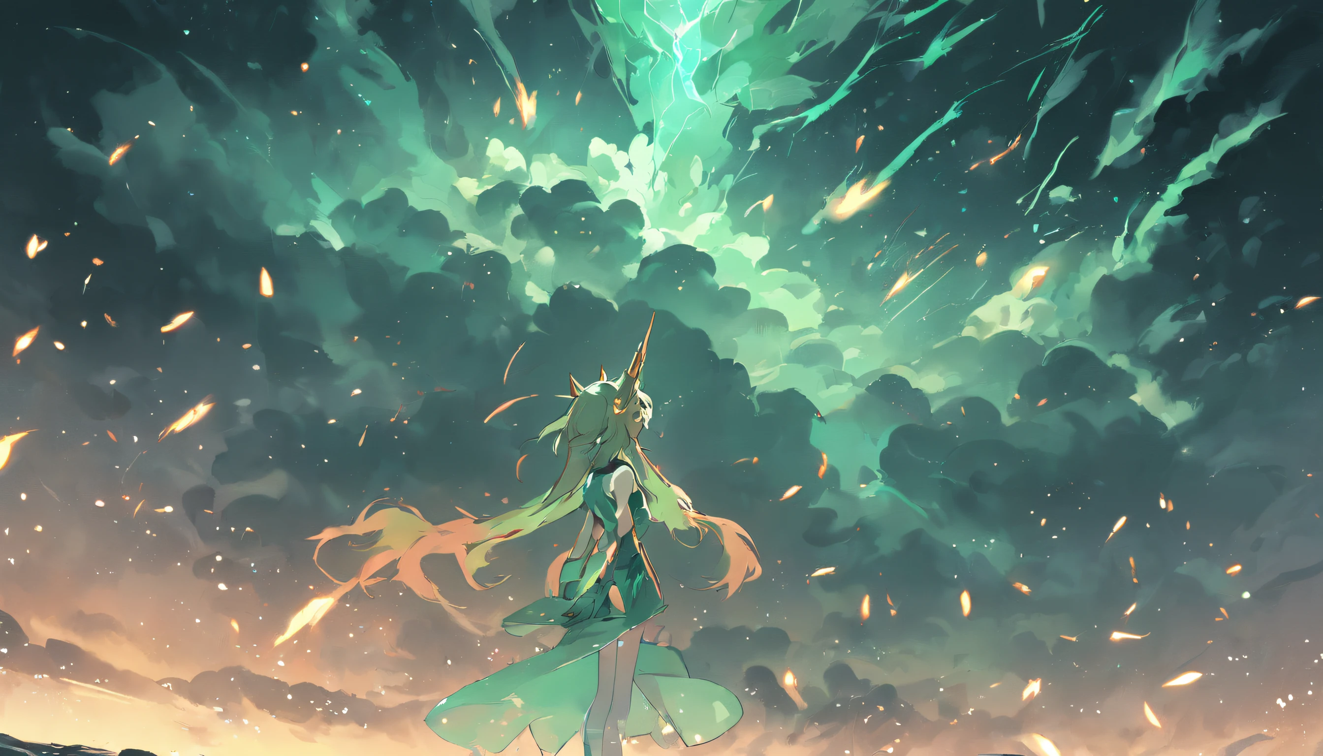 （Legendary artwork），（a unicorn），Dark green body，Elongated body：1.5，In the cloud，Faraway view，Ultra-clear image quality，No characters，（Cloud effect：1.5），（lightning effects：1.5），（Water vapor effect：1.5），super detailing，8k，official works