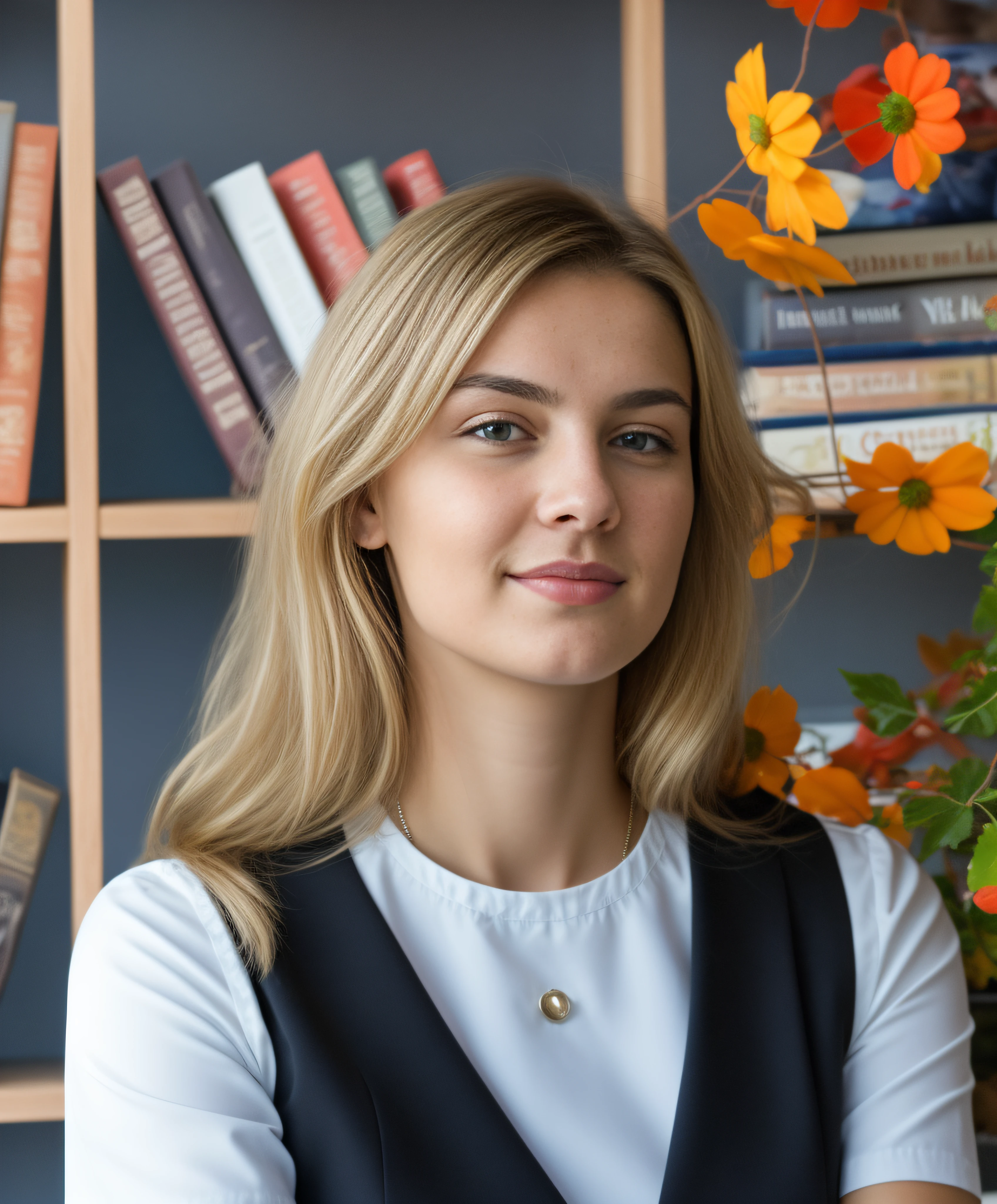 Blonde woman with blue eyes and white shirt sitting in front of a bookshelf, moleksandra shchaslyva, yelena belova, aleksandra waliszewska, anna nikonova, alina ivanchenko, by Maksimilijan Vanka, julia gorokhova, Angelina Stroganova, anastasia ovchinnikova