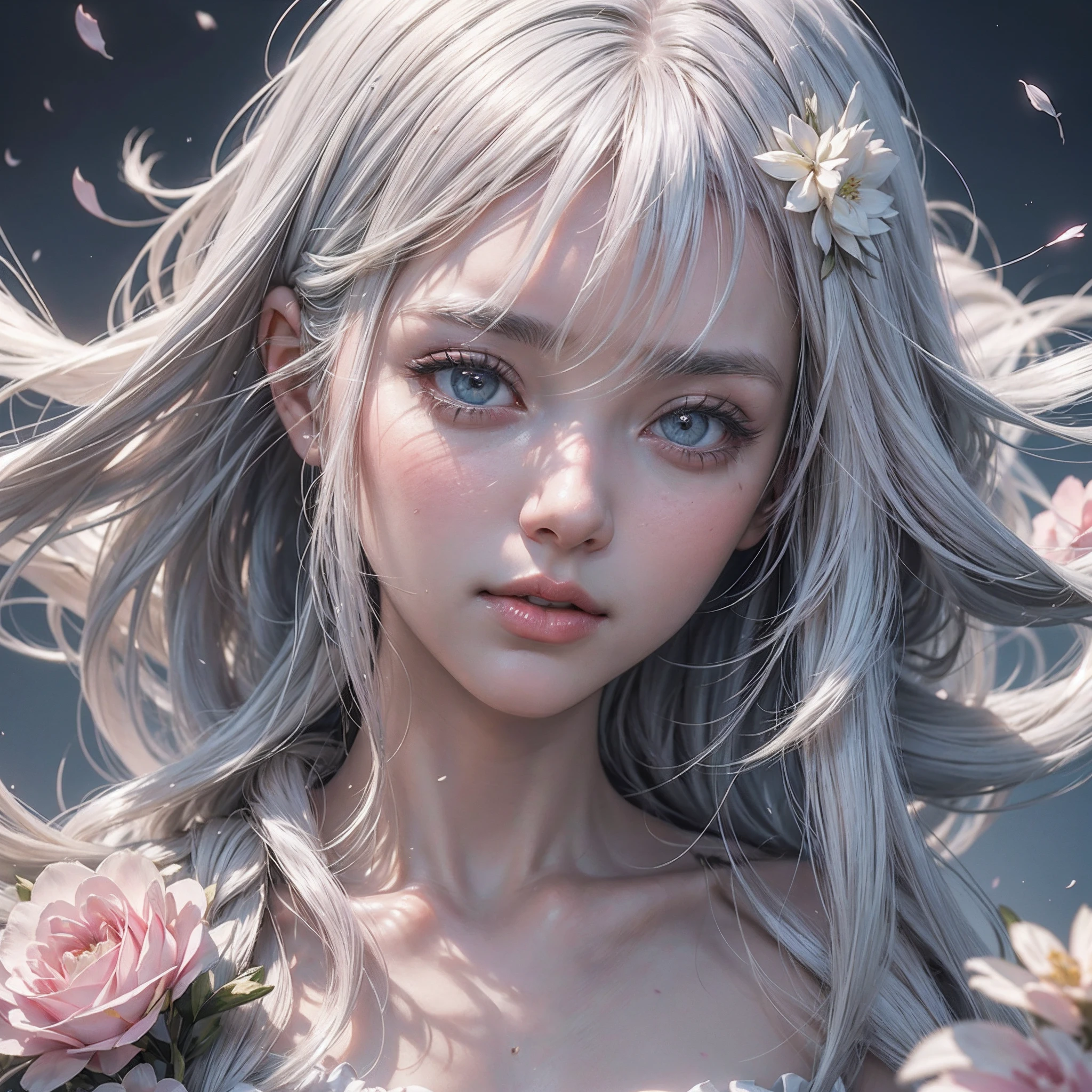 1 girl, scenery, vibrant colors, sharp focus, best quality, depth of field, cinematic lighting, flying petals in the wind,
(silver eyes), silver hair, extremely long hair, slight blush, slight smile,
(glowing:1.5), maid, glow hair, from above, hands together, close up