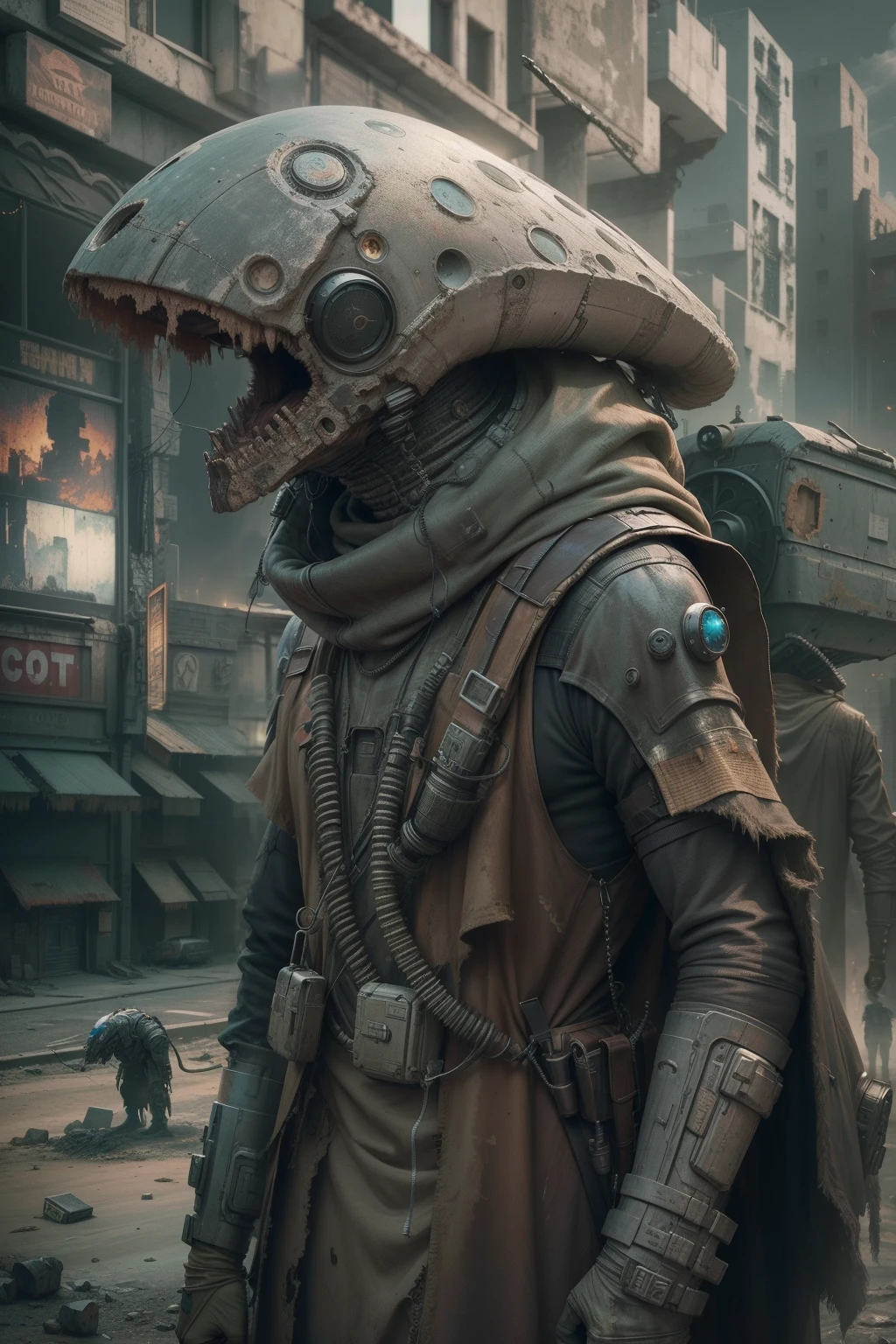 A technologically advanced and highly detailed ancient alien in a post-apocalyptic cityscape.