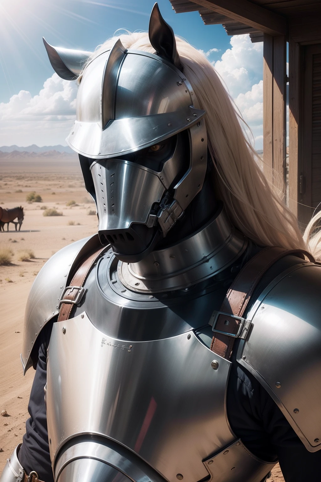 horse head，Man in Armor、Under the rays of the sun、wasteland