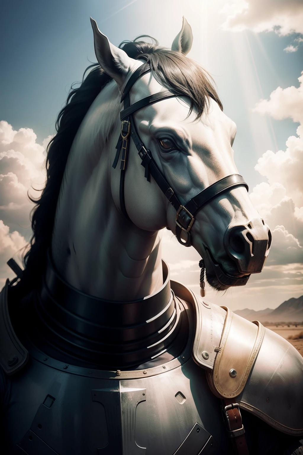horse head,Man in Armor、Under the rays of the sun、wasteland