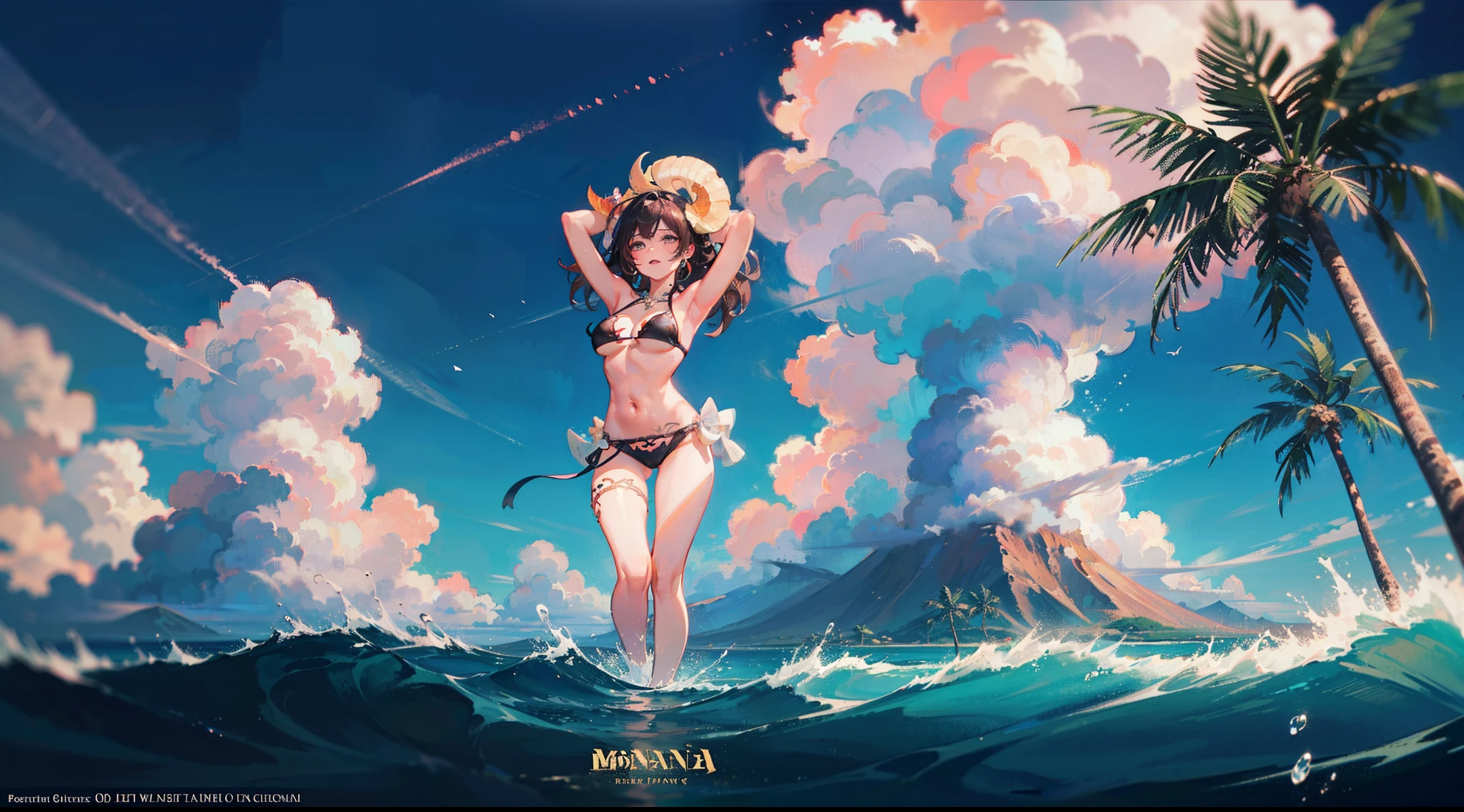 epic movie poster, volcano erupting, award winning (full body:1.3) portrait photo of a (moana:1.2), (seashell bikini:1.2), (water goddess:1.2), tribal tattoos, (wading:1.2) in the pacific (ocean:1.1), arms behind head, (partially submerged shot:1.2), (waves:0.9), desert island background, palm trees, beach,fluffy clouds in the sky, outrun, vaporware, trending on artstation, highly detailed, fine detail, intricate, (lens flare:0.9), (backlighting:0.9), (bloom:0.9), [Style-Micro::10]