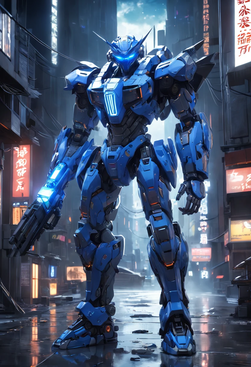 (Masterpiece, best quality), intricate details, photos, realistic, Unreal Engine, gray chrome and blue Chrome Mech, helmet, armor, robot, new, Cyberpunk warehouse, computer terminal, Arc Electric, sp3ct4, dark atmosphere, Blue light, mountaintop, city, thunder and lightning