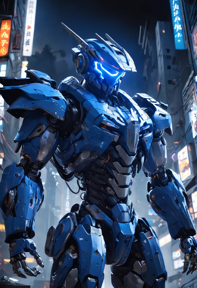 (Masterpiece, best quality), intricate details, photos, realistic, Unreal Engine, gray chrome and blue Chrome Mech, helmet, armor, robot, new, Cyberpunk warehouse, computer terminal, Arc Electric, sp3ct4, dark atmosphere, Blue light, mountaintop, city, thunder and lightning