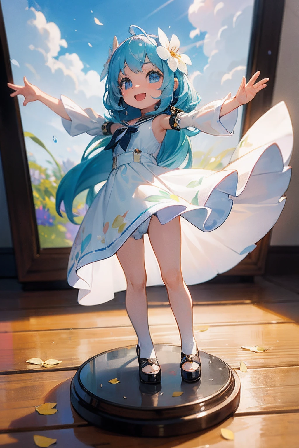 photoRealstic、Doll standing in front of the painting、swim wears、laugh face、Water droplets on the cheeks、Take an outstretched pose、Sengai、pixiv、rokoko、dollfie dream、watercolor Nendoroid、(High Definition Figure)、Flowing iridescent silk、nendroid、up of face、There are also flowers in front of the nendroids、Morning glory petals、season!!: 夏☀ 🍂 朝顔