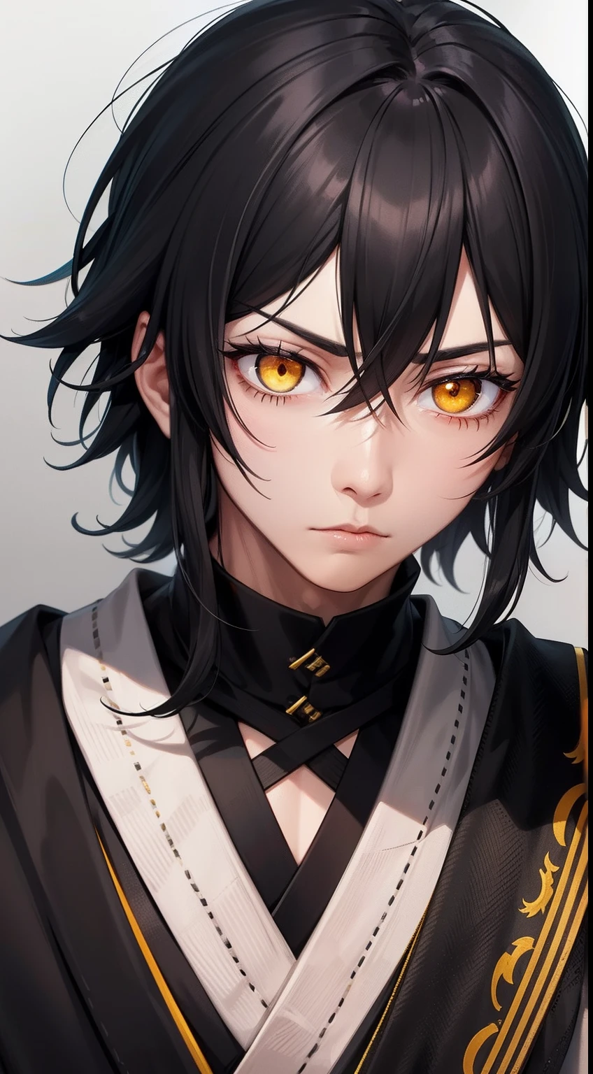 Highest details  adult Male with pure messy black  hair, yellow eyes, wearing traditional kinono,  Magic glowing eyes, serious look, gang meber, sharp eyes, tired, sick