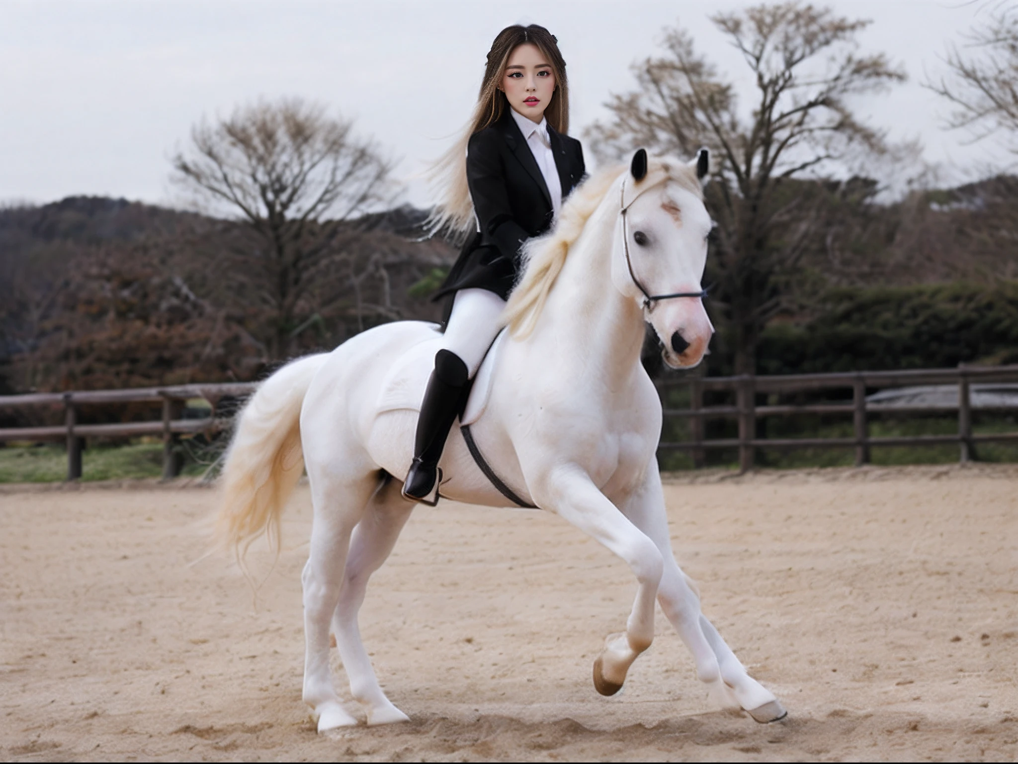 1人の女性、25-years old、masterpiece、top-quality、ultra-detailliert、raw、japanes、Like Korean idols、Blonde hair、Inner Color Hair Color、(Curvaceous:1.4)、(Smaller face:1)、makeup、(eye liner:1)、eyeshadows、Pink lip、gals、Wearing a black suit jacket、white glove、White leggings pants、(Black long boots:1)、 Dynamic Pose、Looking at the camera、looking-down、Riding whip、(Ride a chestnut-haired horse:1.2)