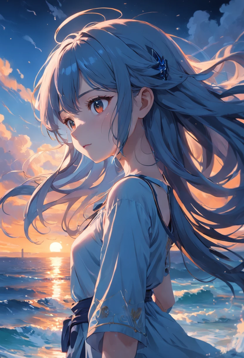 The best quality, high resolution, detailed 4k CG, masterpiece, amazing art, fine details, high details, complex details, blue long hair, girly feeling, big eyes, pure desire, lovely, young and beautiful, immortal,Flying ,, light and shadow, light,Gorgeous clothes,sea