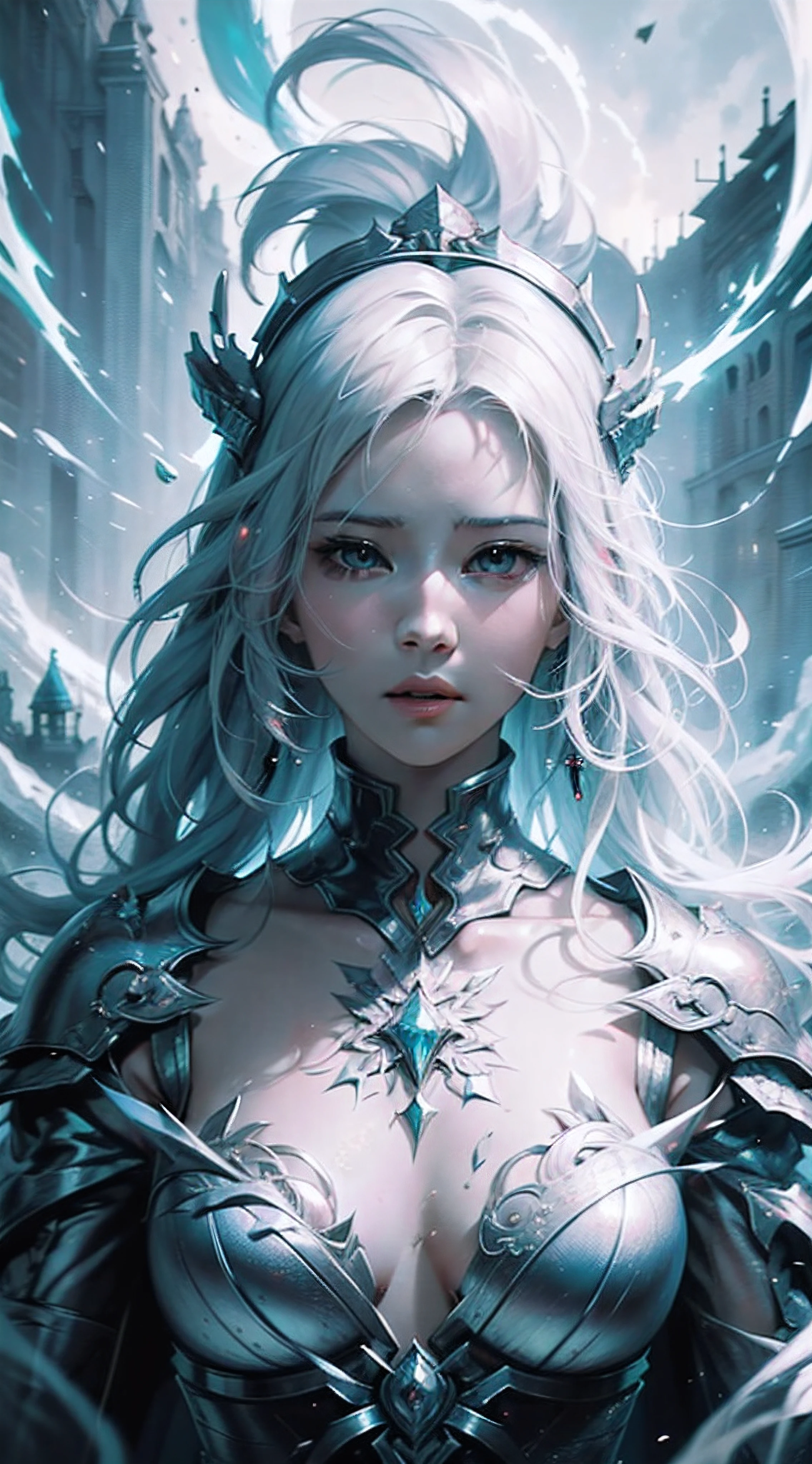 A white-haired and lightning goddess of ice surrounded her, nice perfect face with soft skinice perfect face, Concept art portrait by Greg rutkowski, Art germ, Ultra-detailed and intricate Gothic art trends in Artstation ternary colors, Fantastical, intricately details, Splash screen, Complementary colors, fantasy concept art, 8K resolution, Deviantart's masterpiece, Oil painting, Heavy strokes,