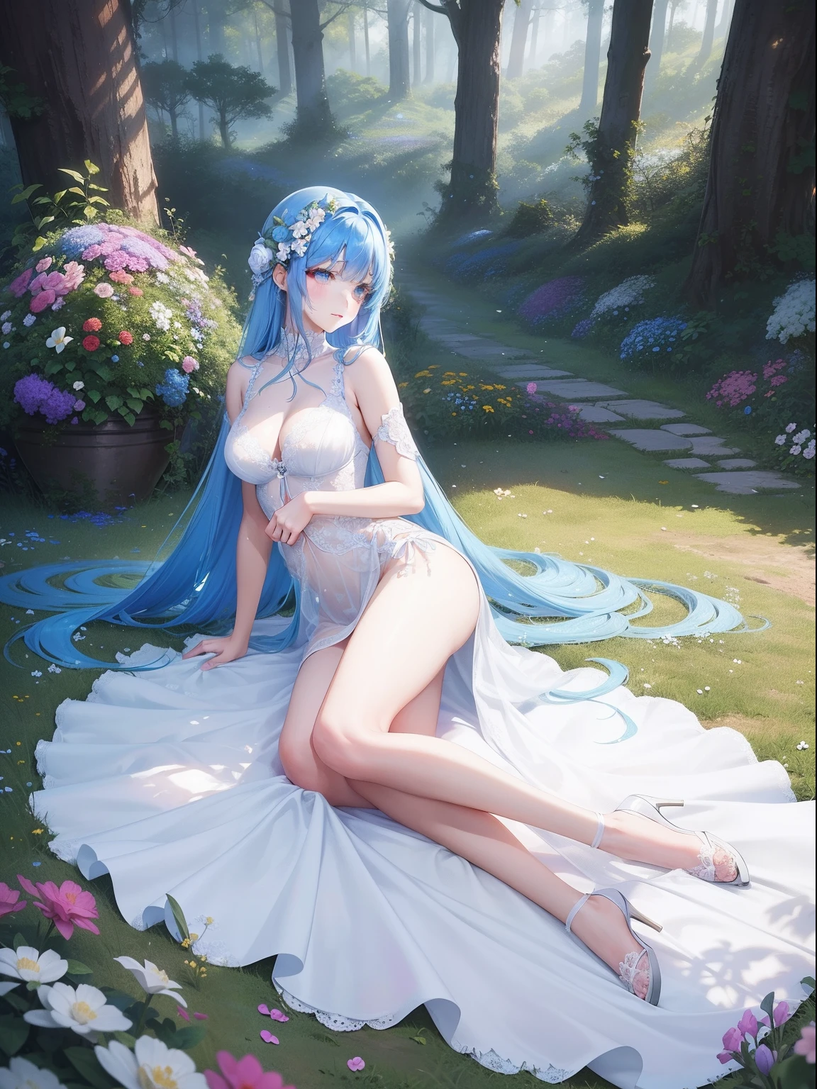 Vivid colors, Fantastic atmosphere, Delicate flowers, Gentle sunshine, a beauty girl,long hair with blue hair, Gentle expression, Fantastic beauty, White lace thin lingerie, Elegant Pose, full body seen、In the forest full of flowers, Quiet atmosphere, artistic composition