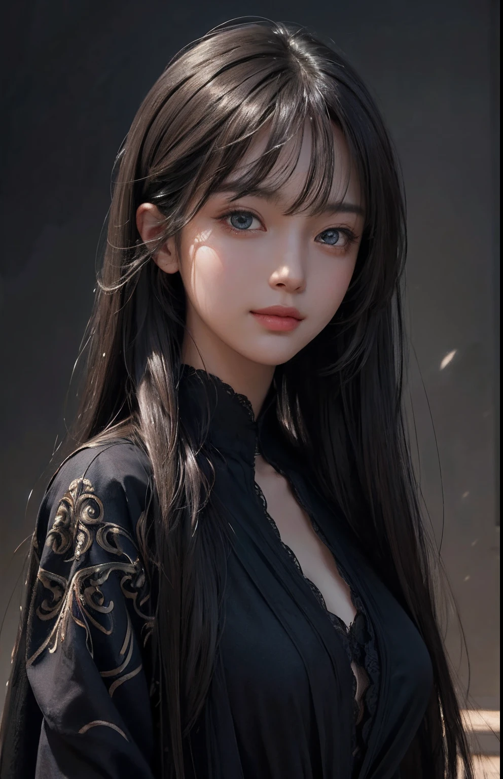 (Ultra Realistic), (Illustration), (Increased Resolution), (8K), (Extremely Detailed), (Best Illustration), (Beautiful and Detailed Eyes), (Best Quality), (Ultra Detailed), (Masterpiece ), ( wallpaper), (detailed face), solo, 1 girl, looking at viewer, fine details, detailed face, in the dark, deep shadows, low key, pureerosfaceace_v1, smiling, long hair, black shawl straight hair , 46 points oblique bangs