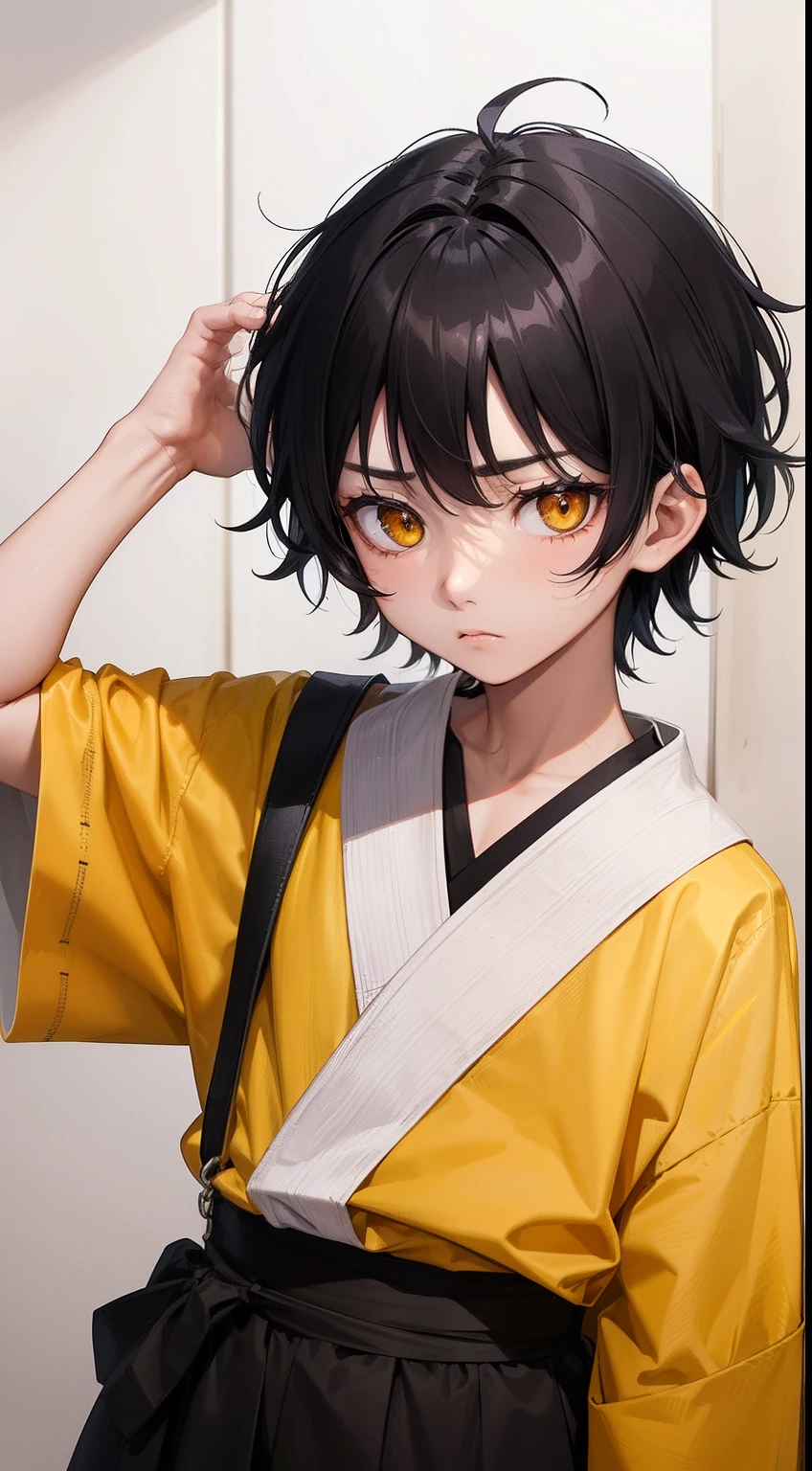 Highest details Young boy with pure messy black hair, yellow eyes, wearing traditional too big kinono, Magic glowing eyes, serious look, gang meber, sharp eyes, tired, child