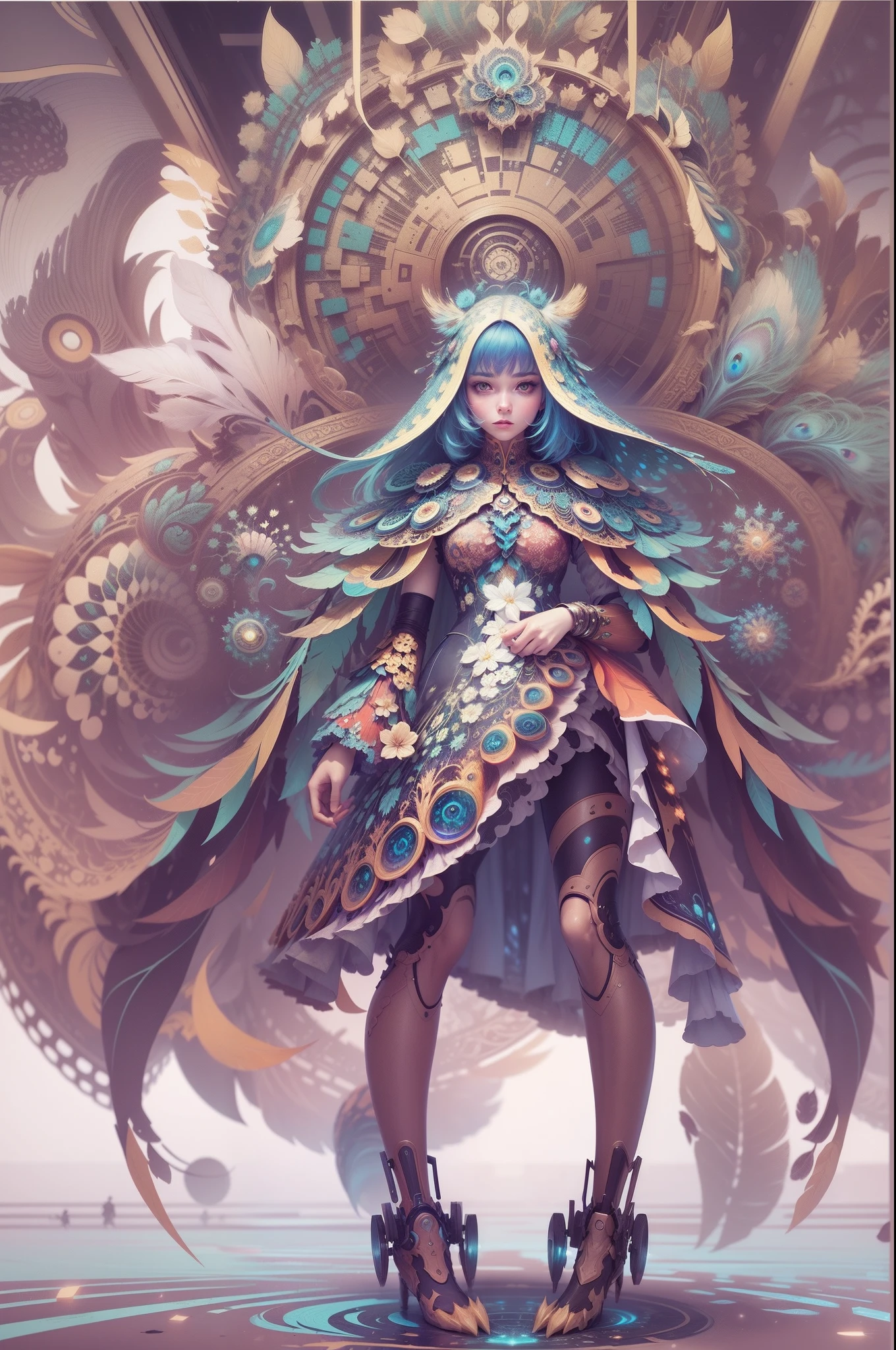 (((Front view shot illustration,full body,s fractal art，colorful)))，Mechanical and peacock feathers as background，1girl，Mechanical joints，Transform limbs，Circular background composition