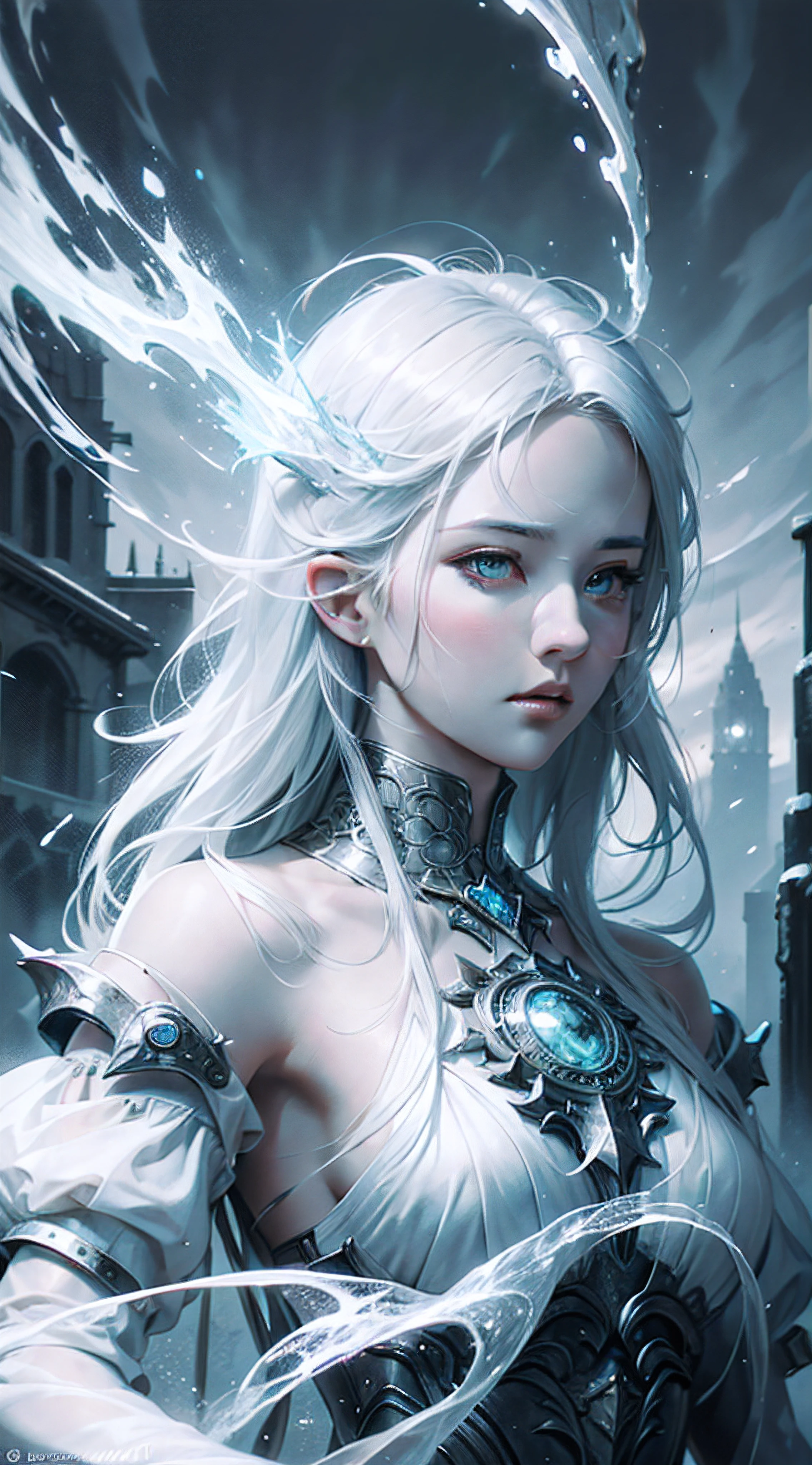 A white-haired and lightning goddess of ice surrounded her, nice perfect face with soft skinice perfect face, Concept art portrait by Greg rutkowski, Art germ, Ultra-detailed and intricate Gothic art trends in Artstation ternary colors, Fantastical, intricately details, Splash screen, Complementary colors, fantasy concept art, 8K resolution, Deviantart's masterpiece, Oil painting, Heavy strokes,