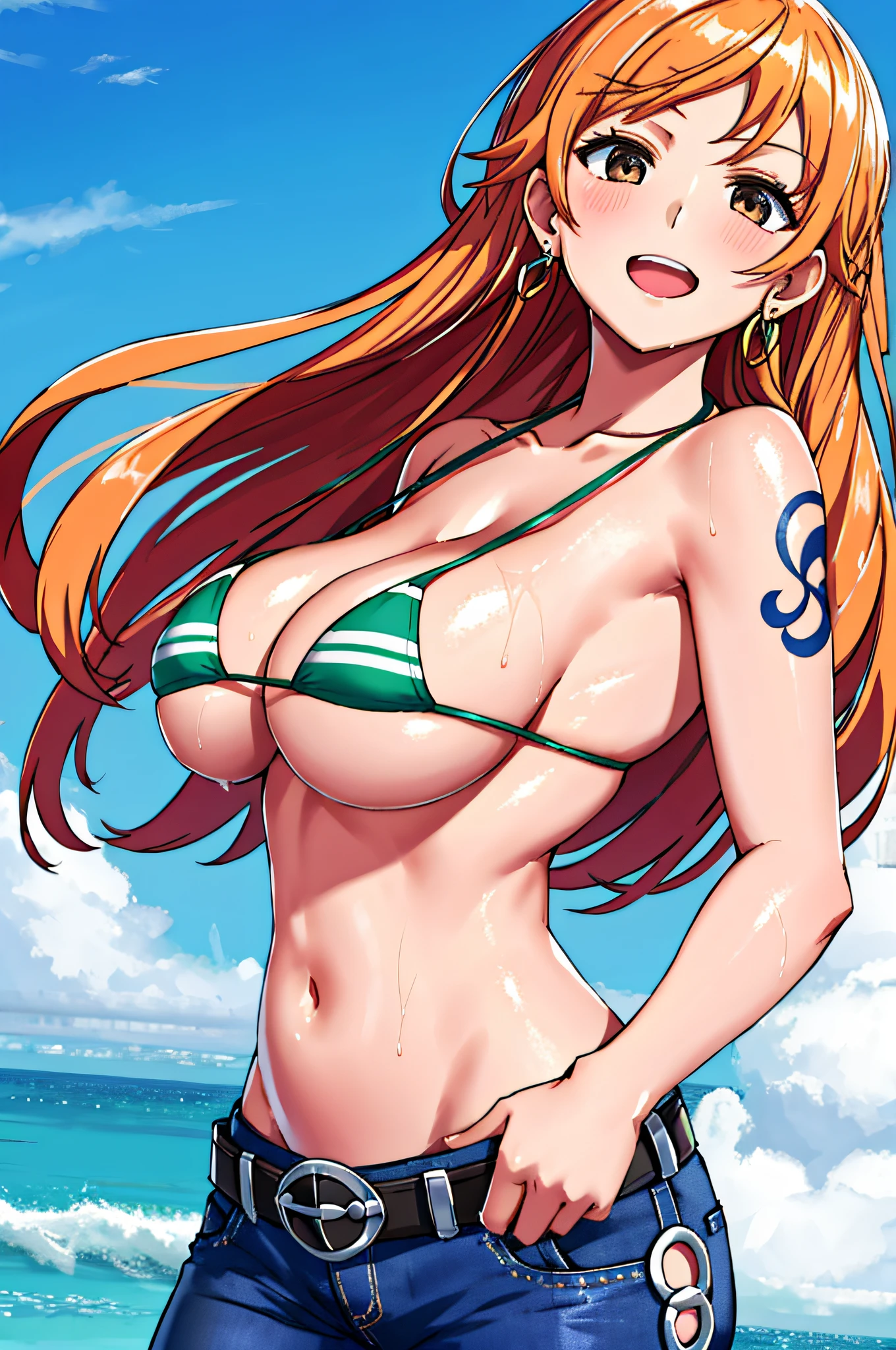 Detailed background, masutepiece, 4K, epicd, Best Quality, Late youth, Adult, Wrestler Body, Strong, 1girl in, Active, Energetic, (large mouth) , Solo, Nami \(One piece\), 1girl in, bangle, (Very wet, Drenched in sweat, sweat all over, very wet hair, Tired, Open mouth, Exhausted, Shouting, Sweaty face, Sweaty body, too sweat, shiny sweat, leaning, Hands on hips, Serious, Glaring, Open eyes, Perfect detailed face, Round face, Sweat on Face) bold drawing lines, Muscular arms, Detailed bold arm lines, Flat jaw, Adult Woman, bangs with wavy broad stripes,, Floating Van, (Big cheeks), Bare shoulders, off shoulders, Belt bag, bikini of, bikini top only, Blue sky, Bracelet, elastic breasts, Chest line, large round eyes, very large brown shiny eyes,, Bubbles, High eye position, cleavage, cloud, day, denim, earrings, Floating hair, Shiny hair, Green belt, Green Bikini, Bold groin line, jeans, Jewelry, medium breasts, Log Pose, Long hair, Looking at Viewer, large navel, Wet hair, Orange hair, Pants, Tattoos on the shoulder, side locks, skyporn, Solo, Standing, Stomach, Swimsuit, The tattoo , Looking at Viewer, Open mouth, Detailed left arm, large forehead, an hourglass figure, small head, Toned body, wide hair, Wind-effect, Solar effect, Under the sun, narrow small ear angle,, Older, Random Poses,