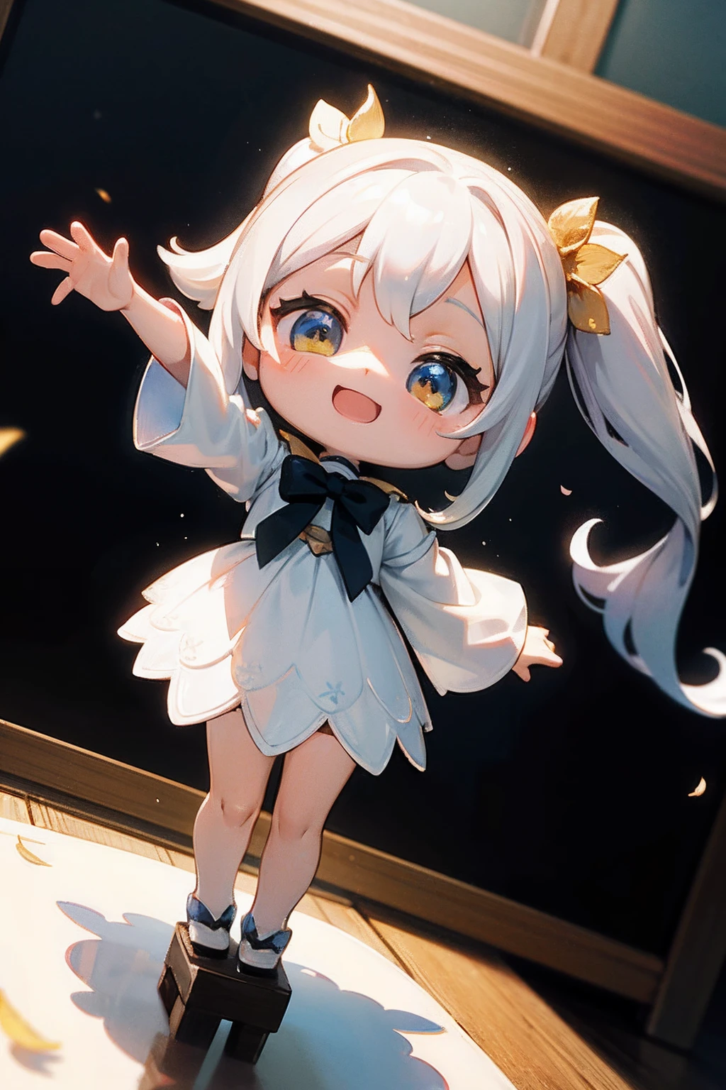 photoRealstic、Doll standing in front of the painting、swim wears、laugh face、Water droplets on the cheeks、Take an outstretched pose、Sengai、pixiv、rokoko、dollfie dream、watercolor Nendoroid、(High Definition Figure)、Flowing iridescent silk、nendroid、up of face、There are also flowers in front of the nendroids、Morning glory petals、season!!: 夏☀ 🍂 朝顔