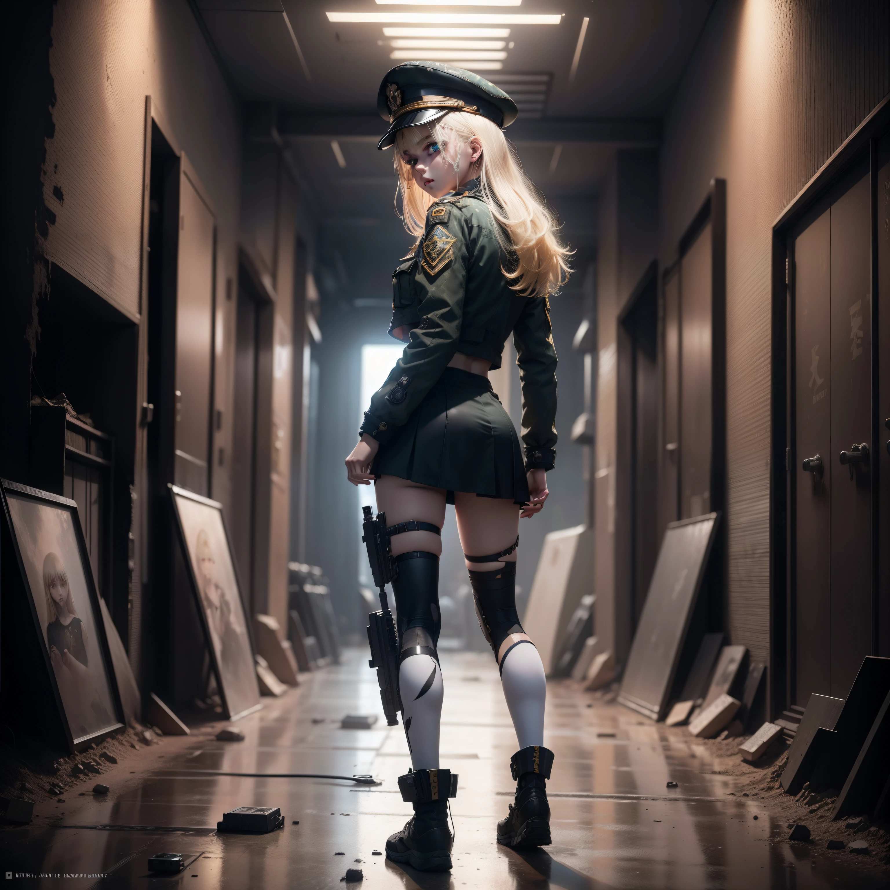 ukrainian girl , Ukrainian anime girls , , Ukraine , Full body composition of young girl with messy bright blonde hair, Look back backwards,eye make up, 13 year old, Soft lighting, Solo, Old torn dirty shabby futuristic military uniform, badges, Pose, Blotch color, Octane Render, Hyperrealistic intricate detail, Cinematic, 8K resolution, 70mm, Accent Lighting, Global Illumination, Full body portrait, clean detailed faces, intricate clothing, Cute face, flat chest, Slim waist, Slim legs, small hips,Wearing a military cap,