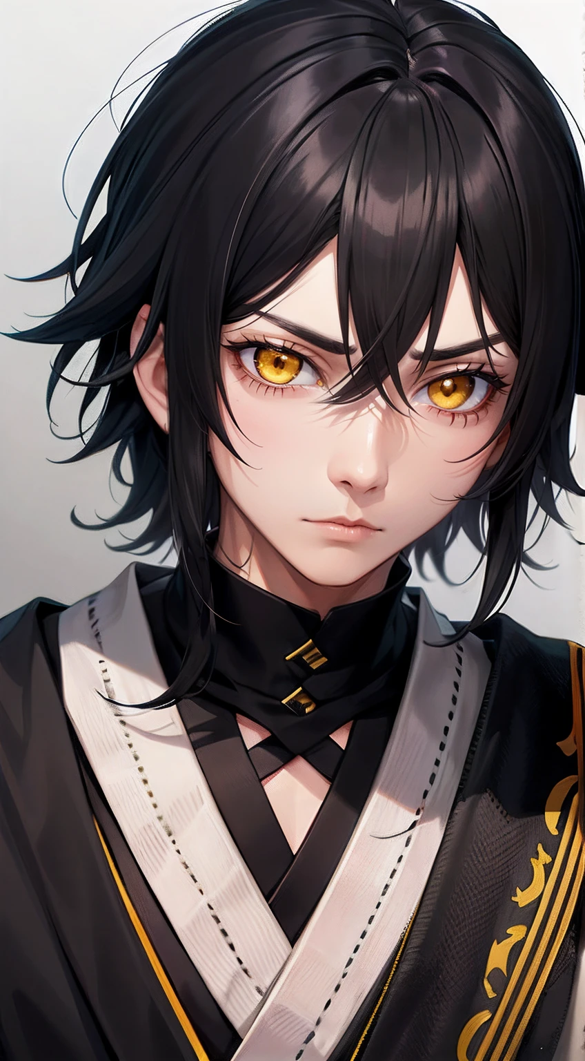 Highest details  adult Male with pure messy black  hair, yellow eyes, wearing traditional kinono,  Magic glowing eyes, serious look, gang meber, sharp eyes, tired, sick