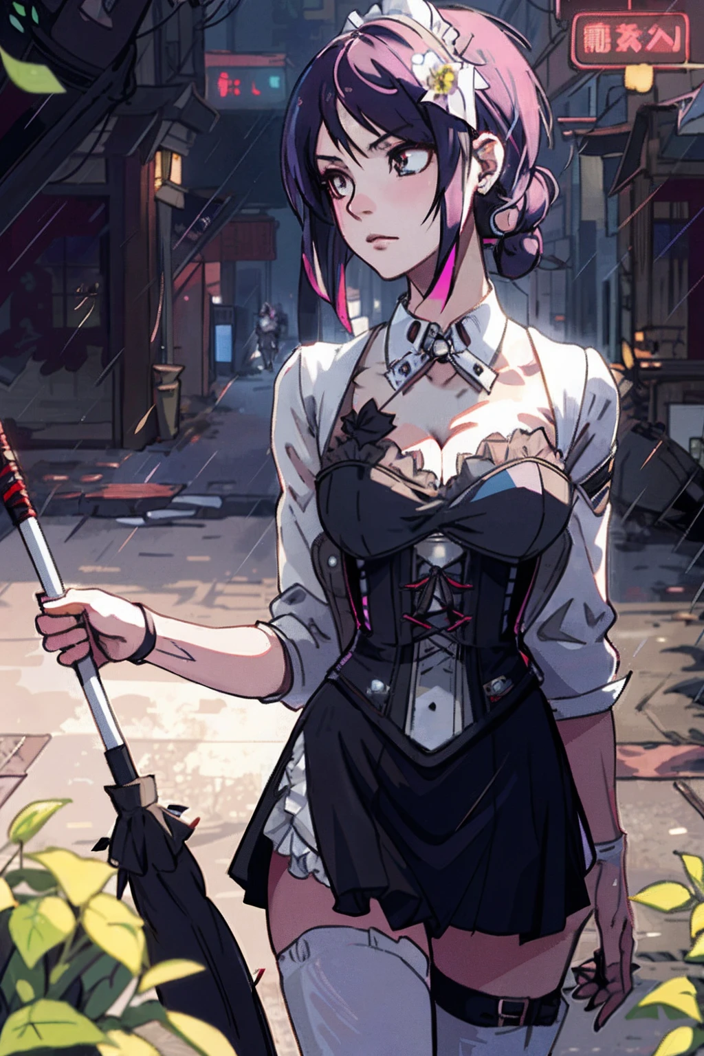 There was a woman in a corset holding a black umbrella, Anime girl cosplay, cosplay, Anime cosplay, Rained, gorgeous maid, cosplay foto, full-cosplay, cyberpunk anime girl, very beautiful cyberpunk samurai, seductive anime girls, rpgmaker, sakimichan frank franzzeta, cosplay of a catboy! maid! dress, Tifa Lockhart, professional cosplay