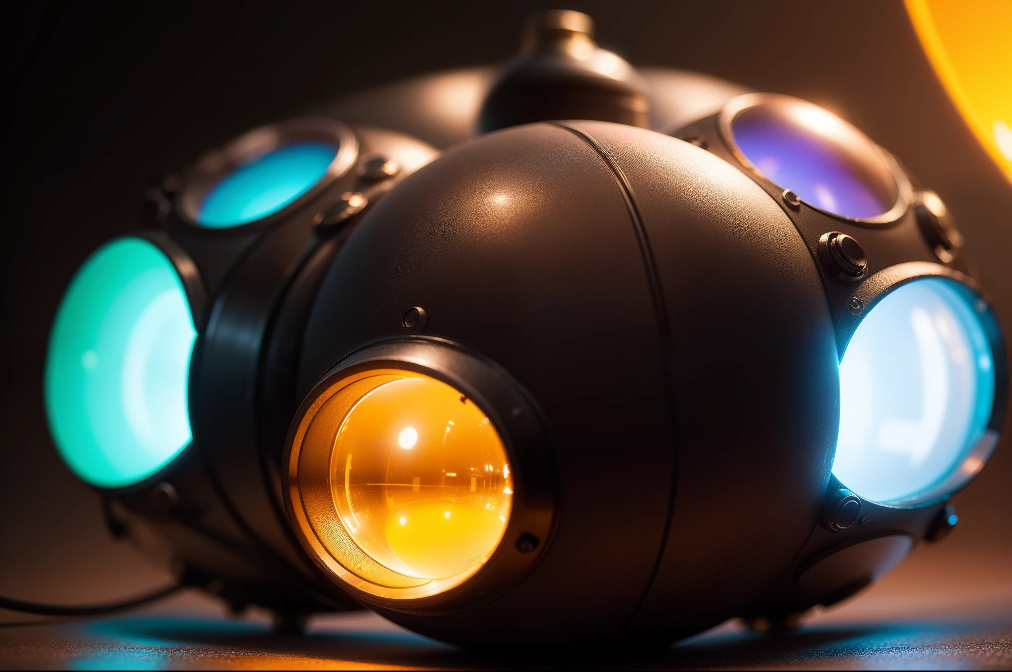 Artificial sphere made of neon lamps, perspective, macro shot, ultra sharp focus, ultrarealistic, 35mm, F/2.8, azure and amber