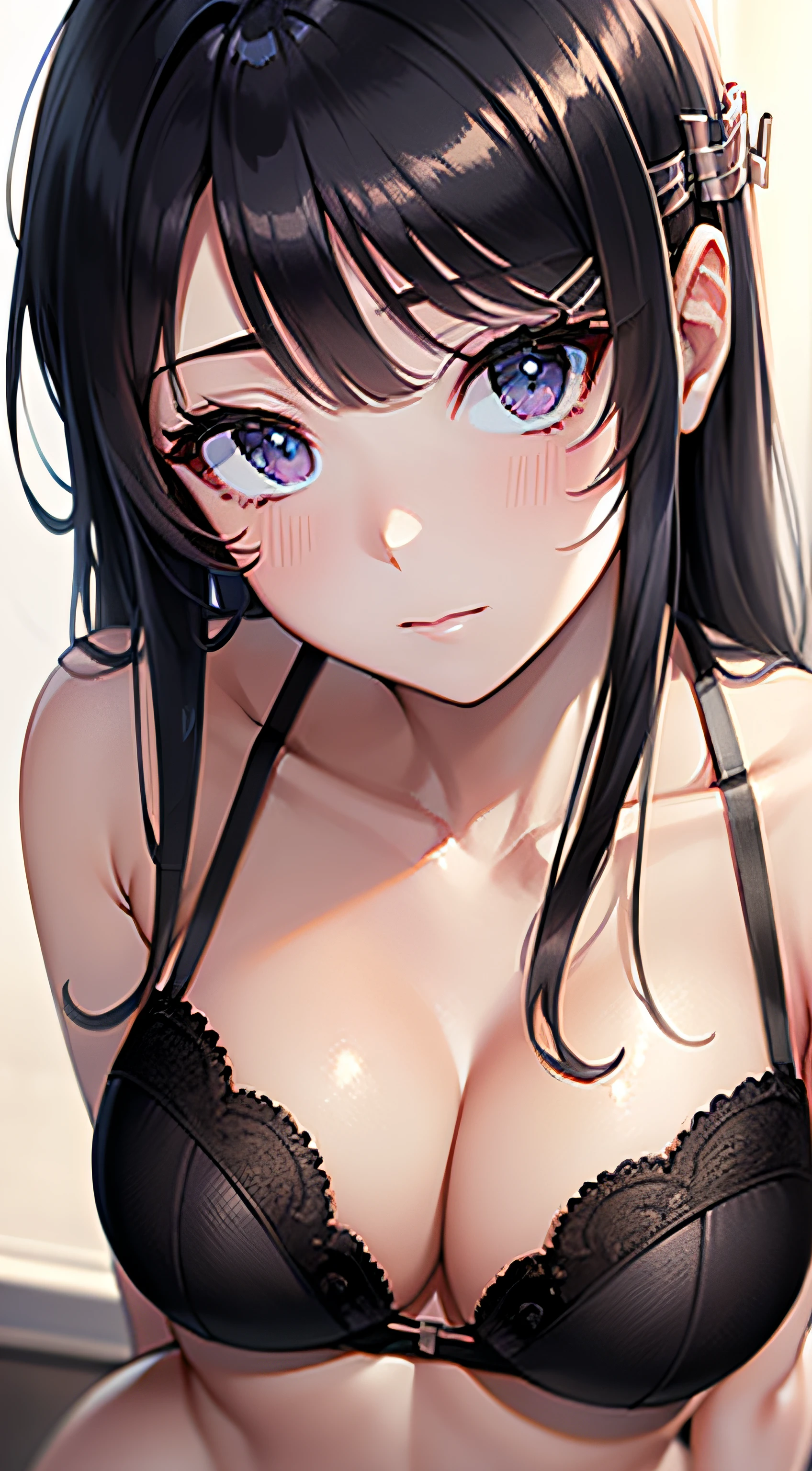 ((masterpiece, best quality, highres, UHD, perfect pixel)), Sakurajima mai, long hair, bangs, black hair, ((smooth texture:0.8, realistic texture:0.8)), ((medium breasts, cleavage)), bedroom, busty, perfect body, dynamic angle, ((close up, POV, from above)), blushing, ((bra, lingerie)), natural light, looking at viewer