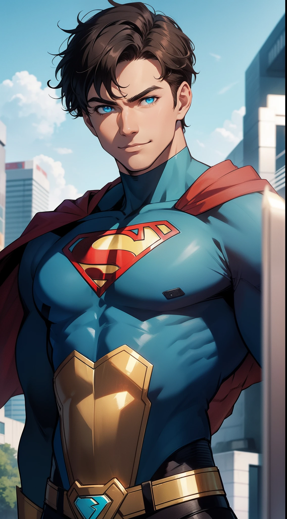 Young guy, short brown hair, Cyan eyes, brawn, Black Superman Costume, ssmile, Masterpiece, hiquality