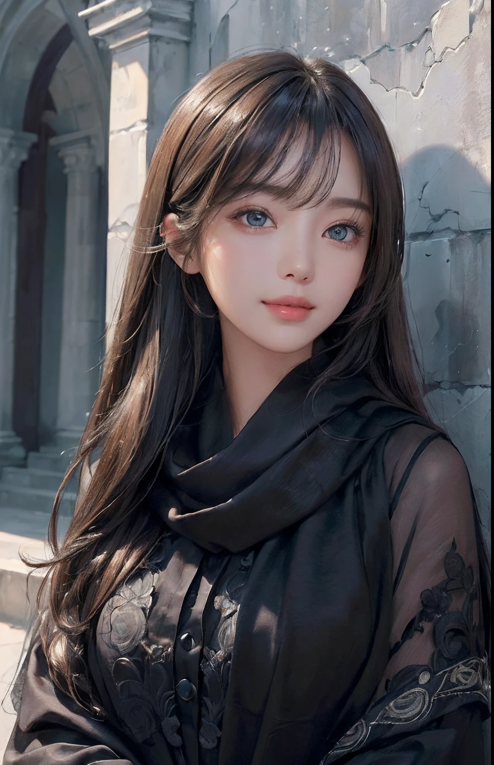 (A hyper-realistic)、(illustratio)、(hight resolution)、(8K)、(ighly detailed)、(Best Illustration)、(beautifully detailed eyes)、(top-quality)、(ultra-detailliert)、(masterpiece)、(wall-paper)、(A detailed face)、独奏、1 girl in、looking at viewert、fine detailed、A detailed face、in the darkness nigth、deep-shadows、lowkey、pureerosfaceace_v1、a smile、Long、(The upper part of the body:1.4)、Shawl Straight Hair、46-point diagonal bangs、