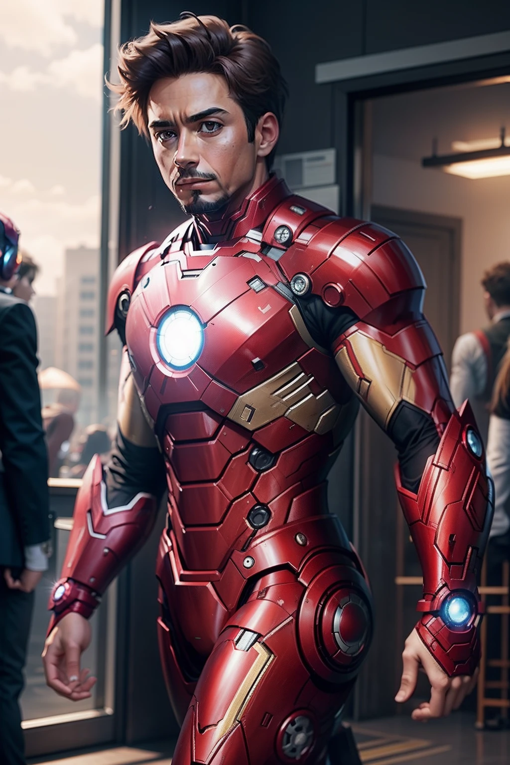 create a super realistic image of Elon Musk wearing the Iron Man armor. Ensure that the image accurately portrays Elon Musk and that the Iron Man armor is detailed and faithful to the style seen in the Marvel movies. Try to incorporate realistic facial expressions and natural body positioning to bring the scene to life. The image should convey the fusion of Elon Musk's personality with the iconic Iron Man suit, highlighting his futuristic vision and influence in technology.