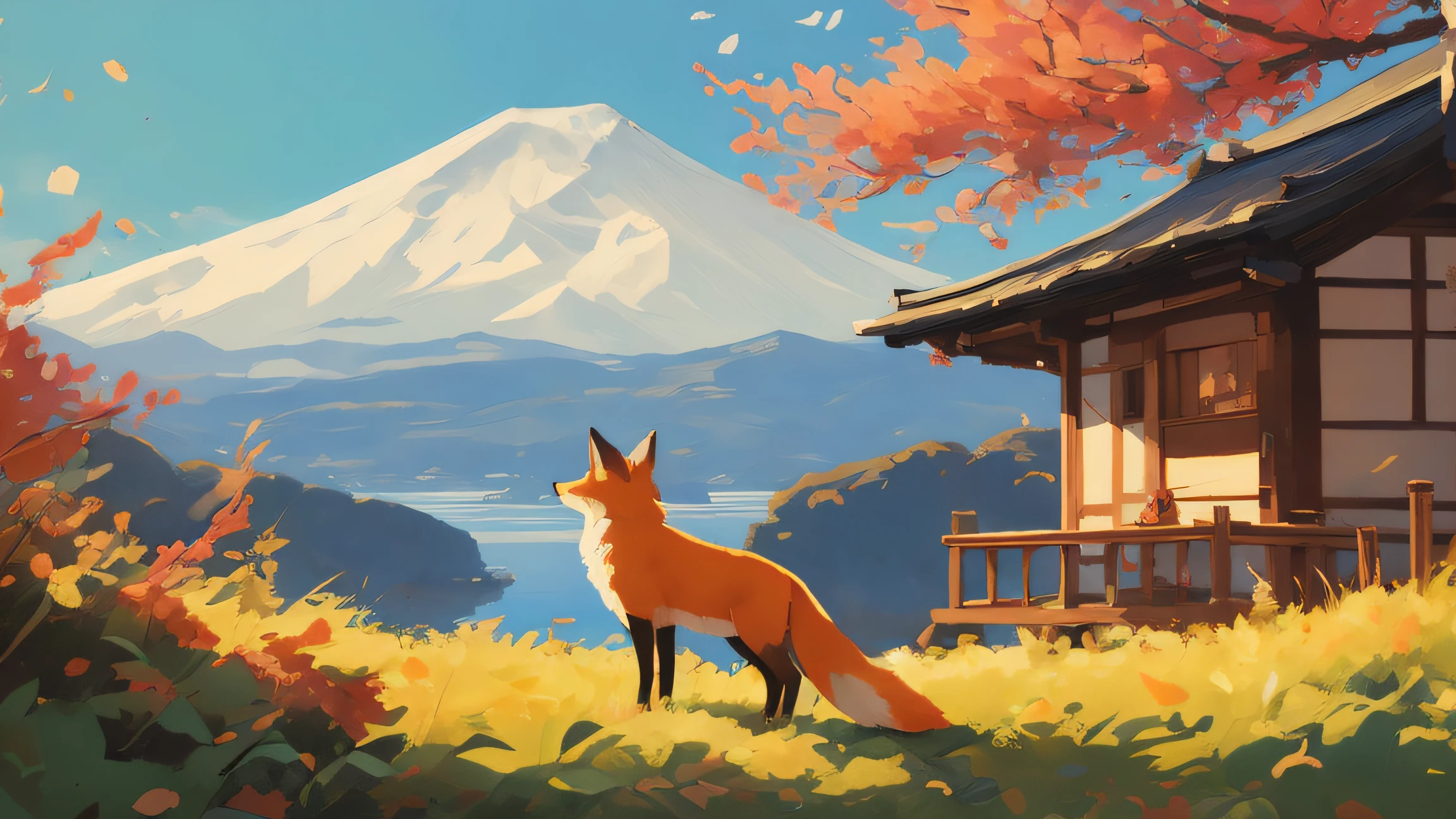 there is a painting of a fox standing in front of a house, anime art wallpaper 8 k, anime art wallpaper 4k, anime art wallpaper 4 k, kitsune, anime nature, inspired by Josetsu, serene illustration, japanese art style, colorful kitsune city, beautiful art uhd 4 k, detailed painting 4 k, atey ghailan 8 k