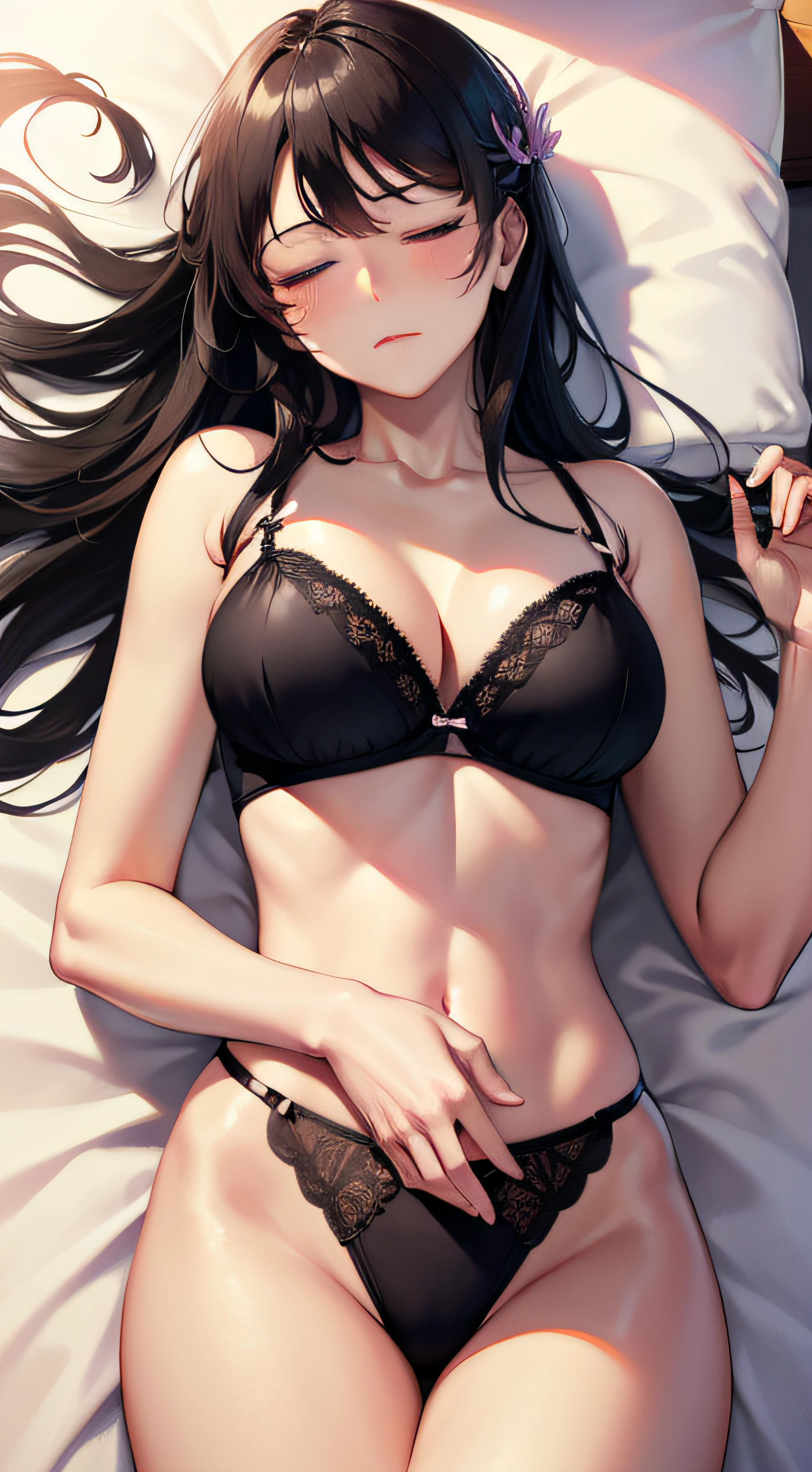 ((masterpiece, best quality, highres, UHD, perfect pixel)), Sakurajima mai, long hair, bangs, black hair, ((smooth texture:0.8, realistic texture:0.8)), ((medium breasts, cleavage)), bedroom, busty, perfect body, ((fall asleep on the bed, supine, sleep beauty, closed eyes, closed mouth)), blushing, ((black nightgown, lingerie)), natural light