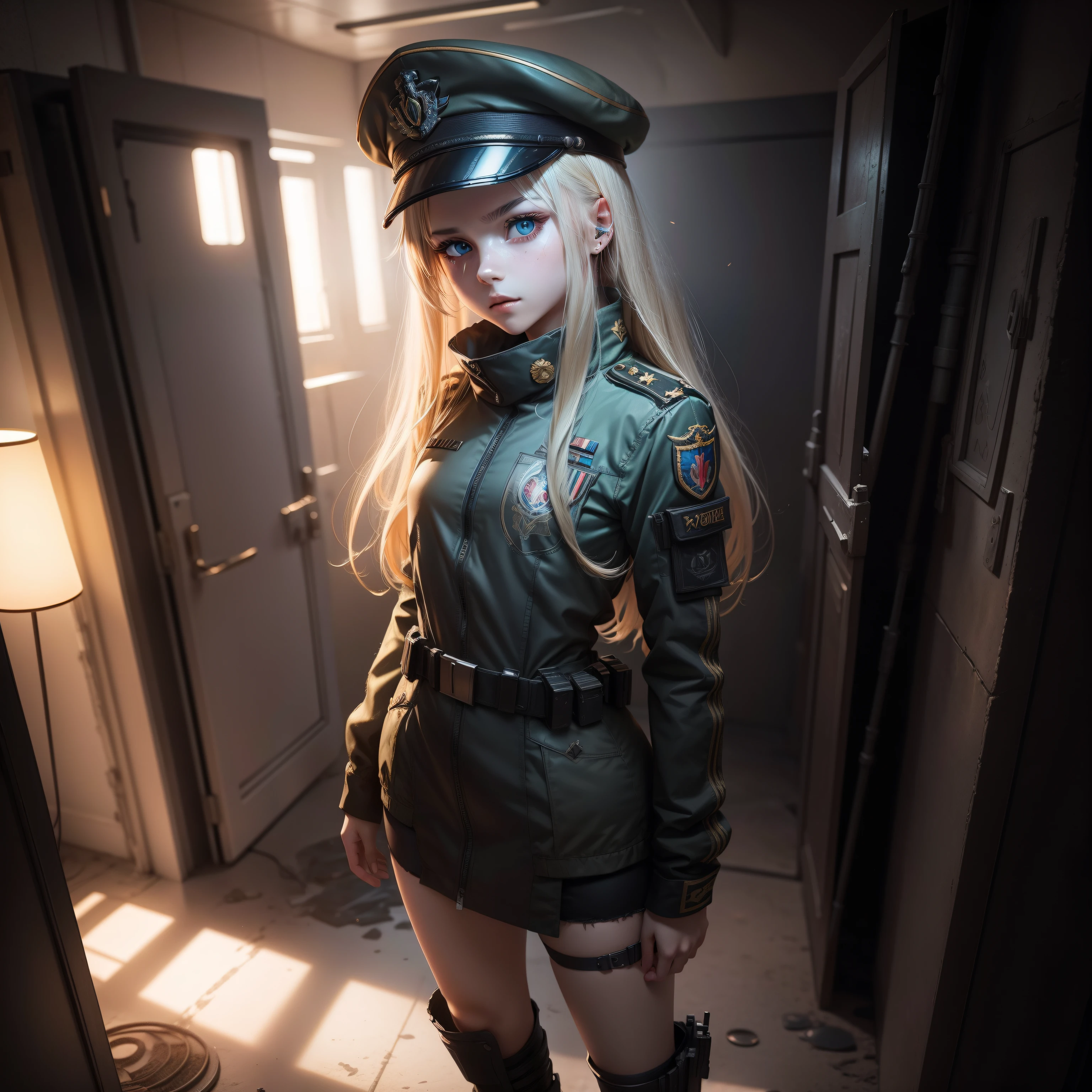 ukrainian girl , Ukrainian anime girls , , Ukraine ,  Full body composition of young girl with messy bright blonde hair, Look back backwards,eye make up, 13 year old,  Soft lighting, Solo, Old torn dirty shabby futuristic military uniform, badges, Pose, Blotch color, Octane Render, Hyperrealistic intricate detail, Cinematic, 8K resolution, 70mm, Accent Lighting, Global Illumination, Full body portrait, clean detailed faces, intricate clothing, Cute face, flat chest, Slim waist, Slim legs, small hips,Wearing a military cap,