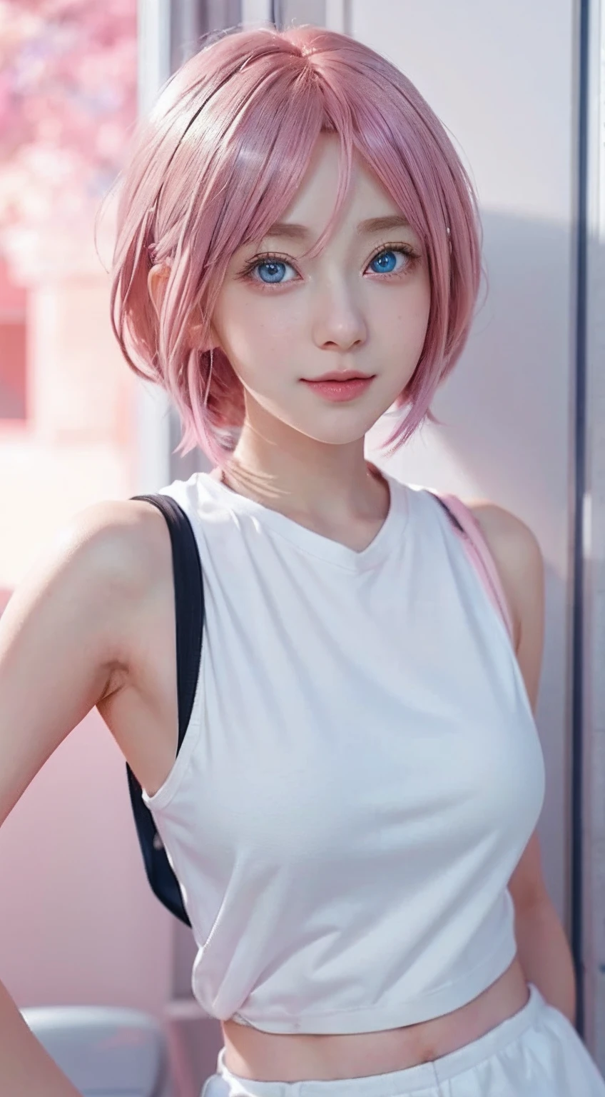 Anime girl with blue eyes with pink hair and bob hair in a white shirt, smil, Wave to me, Smooth Anime CG Art, cushart krenz key art feminine, Anime visuals of cute girls, Fine details. girls' frontline, doki doki literature club, Official art, best anime 4k konachan wallpaper, high detailed official artwork, Official Character Art, Anime girl named Lucy, face perfect, perfect bodies, Hairstyle like a man
