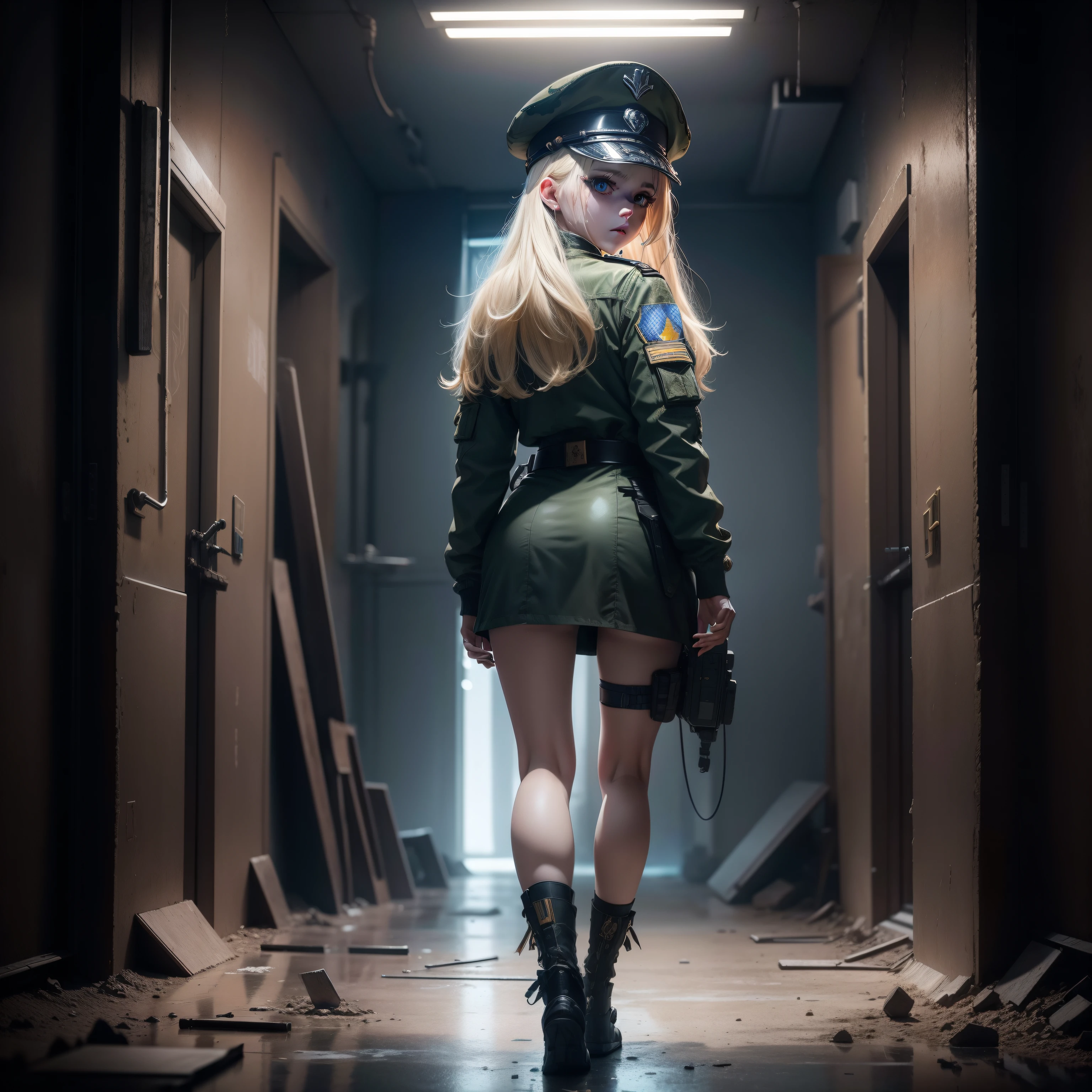 ukrainian girl , Ukrainian anime girls , , Ukraine ,  Full body composition of young girl with messy bright blonde hair, Look back backwards,eye make up, 13 year old,  Soft lighting, Solo, Old torn dirty shabby futuristic military uniform, badges, Pose, Blotch color, Octane Render, Hyperrealistic intricate detail, Cinematic, 8K resolution, 70mm, Accent Lighting, Global Illumination, Full body portrait, clean detailed faces, intricate clothing, Cute face, flat chest, Slim waist, Slim legs, small hips,Wearing a military cap,