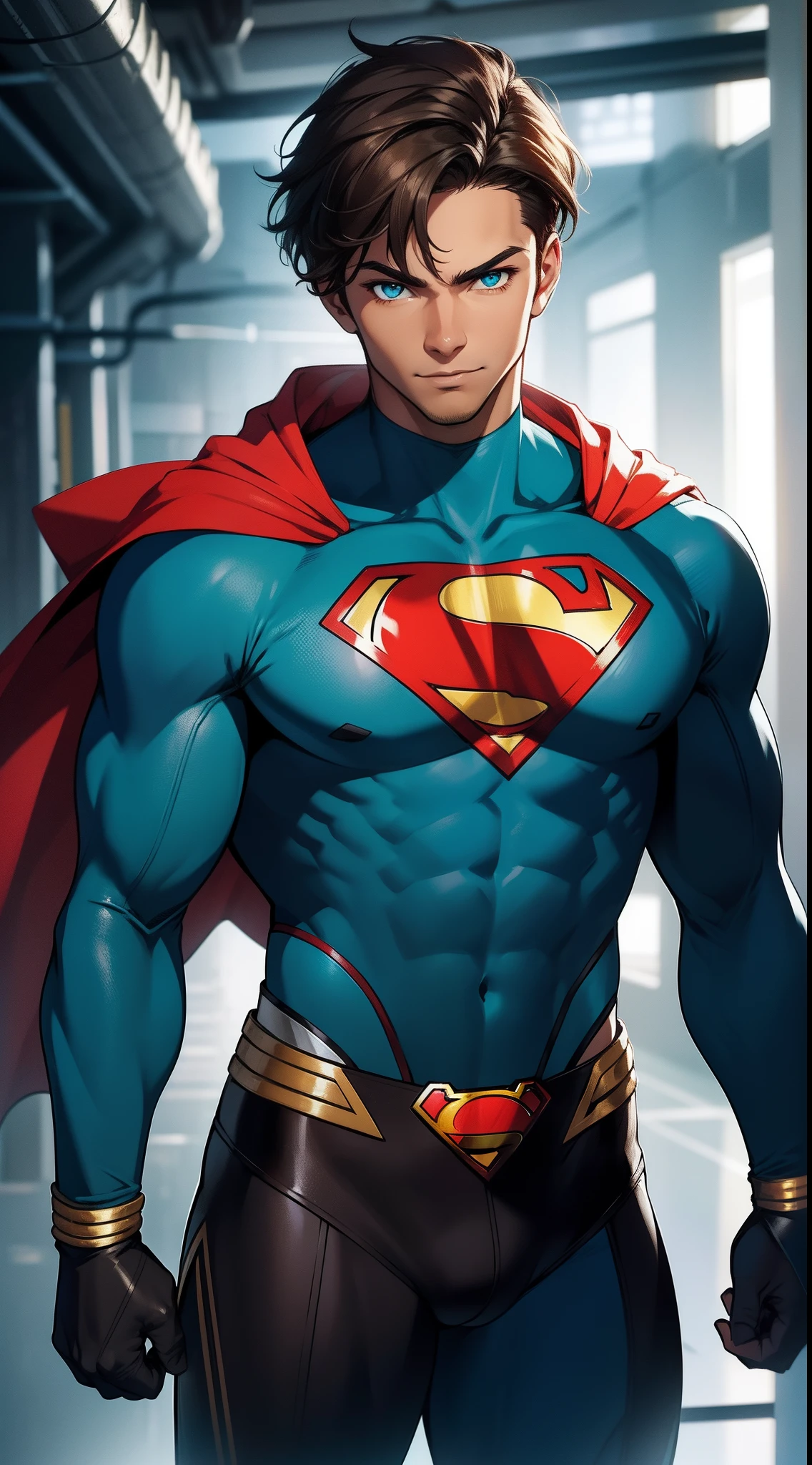 Young guy, short brown hair, Cyan eyes, brawn, Black Superman Costume, ssmile, Masterpiece, hiquality