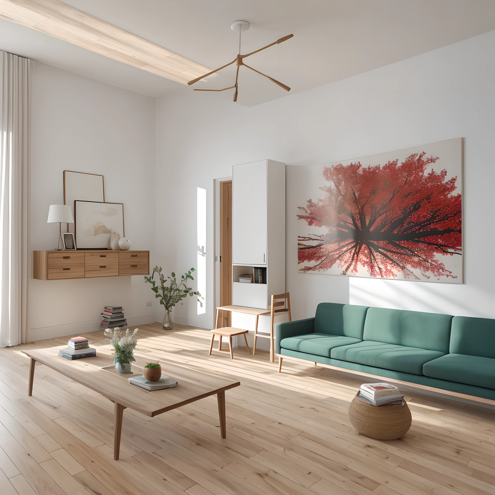 Beautiful modern living room，Neutral Color Scheme，（（（foster and partners，artist impression，artistic impression，Hamish MacDonald，Carey Morris，David Brewster，Higher detail illustration，Helen Berman，illustratio，A detailed illustration，Nick Fudge，Warren Mahi，artist impression））），Red kitchen cabinet behind white sofa，There are few pictures on the wall， Linen curtains next to classroom windows，coffee table，Modern wood，ceiling with magnetic emissive lighting，White fabric PRB texture，wooden floor PRB texture，