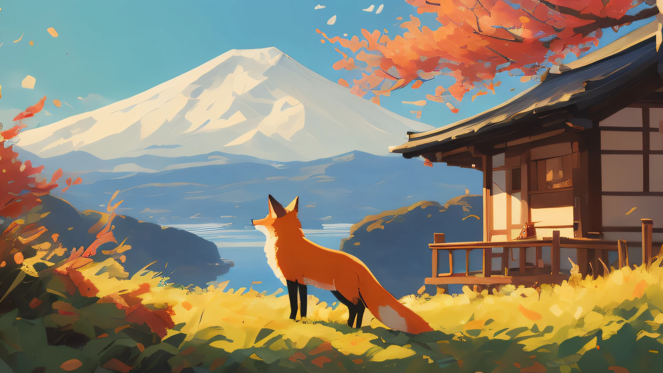 there is a painting of a fox standing in front of a house, anime art wallpaper 8 k, anime art wallpaper 4 k, anime art wallpaper 4k, kitsune, anime nature, inspired by Josetsu, serene illustration, japanese art style, colorful kitsune city, beautiful art uhd 4 k, detailed painting 4 k, atey ghailan 8 k