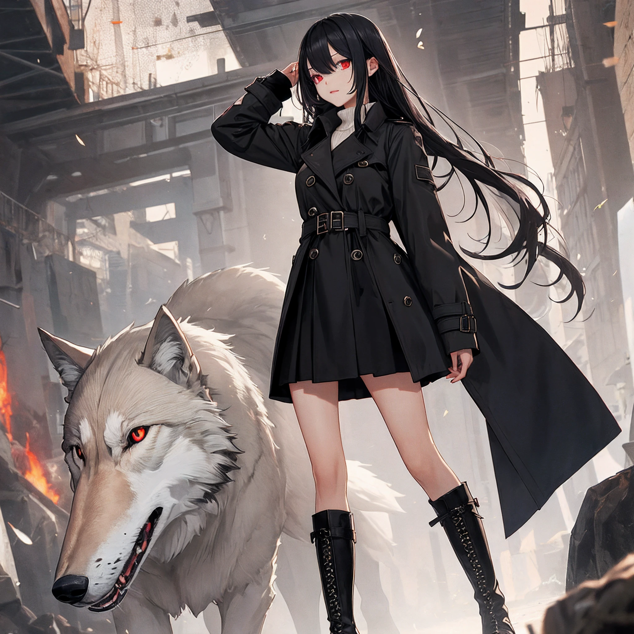 Long black hair,Red eyes,Wolf Girl,quadratic element,Black trench coat,Black boots,short skirt